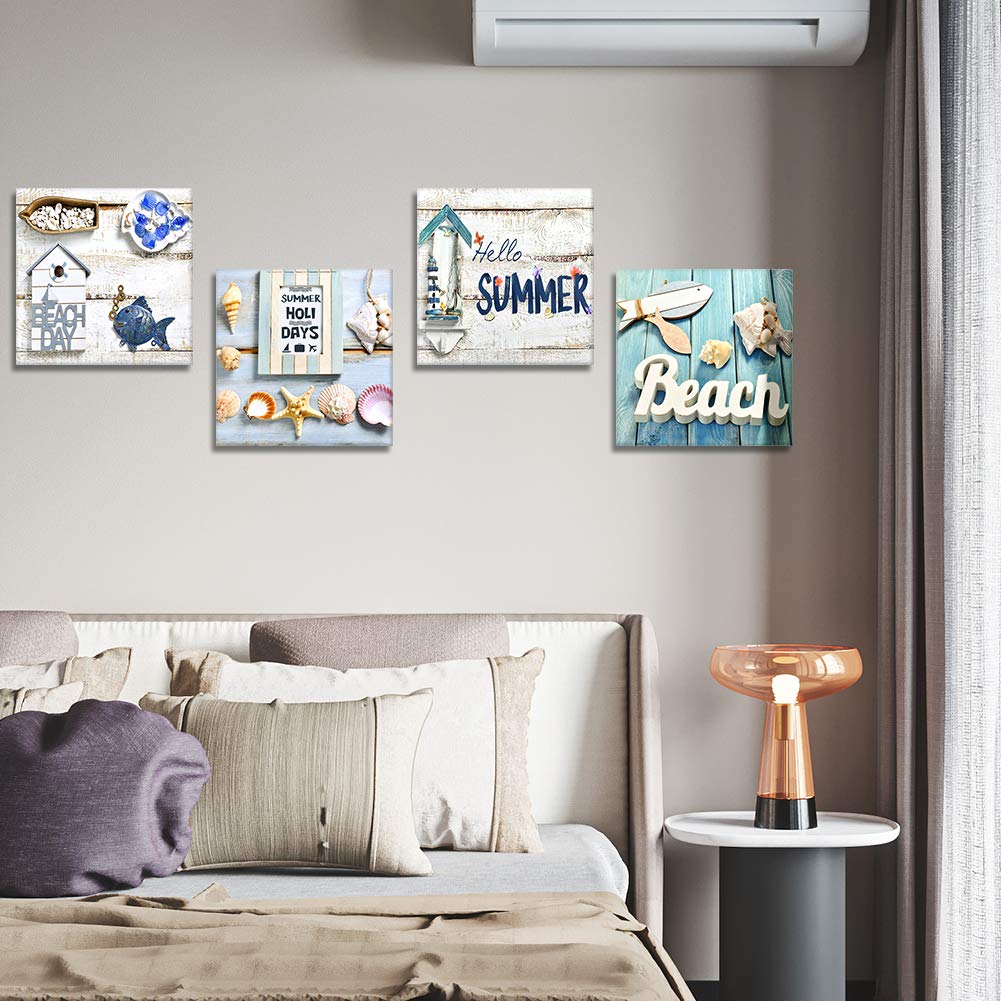 Artscope 4 Pieces Canvas Prints Wall Art - Beach Holiday Picture Painting- Modern Wall Artwork Framed For Bathroom Home Office D