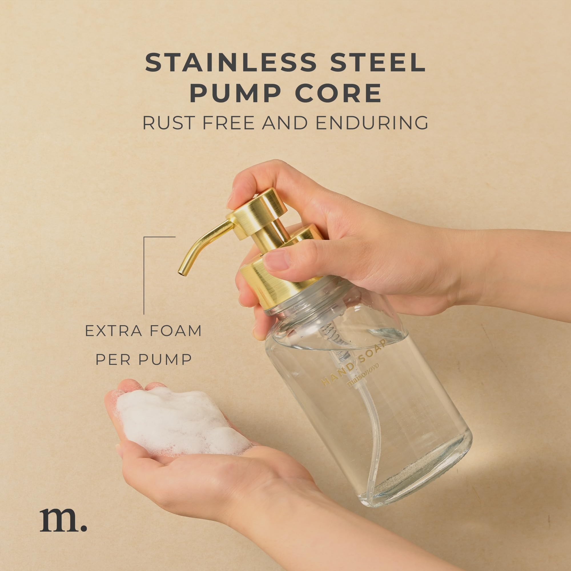 Maisonovo Glass Foaming Hand Soap Dispenser | Gold Foaming Soap Dispenser Clear Bottle Gold Pump X 1 W/Labels