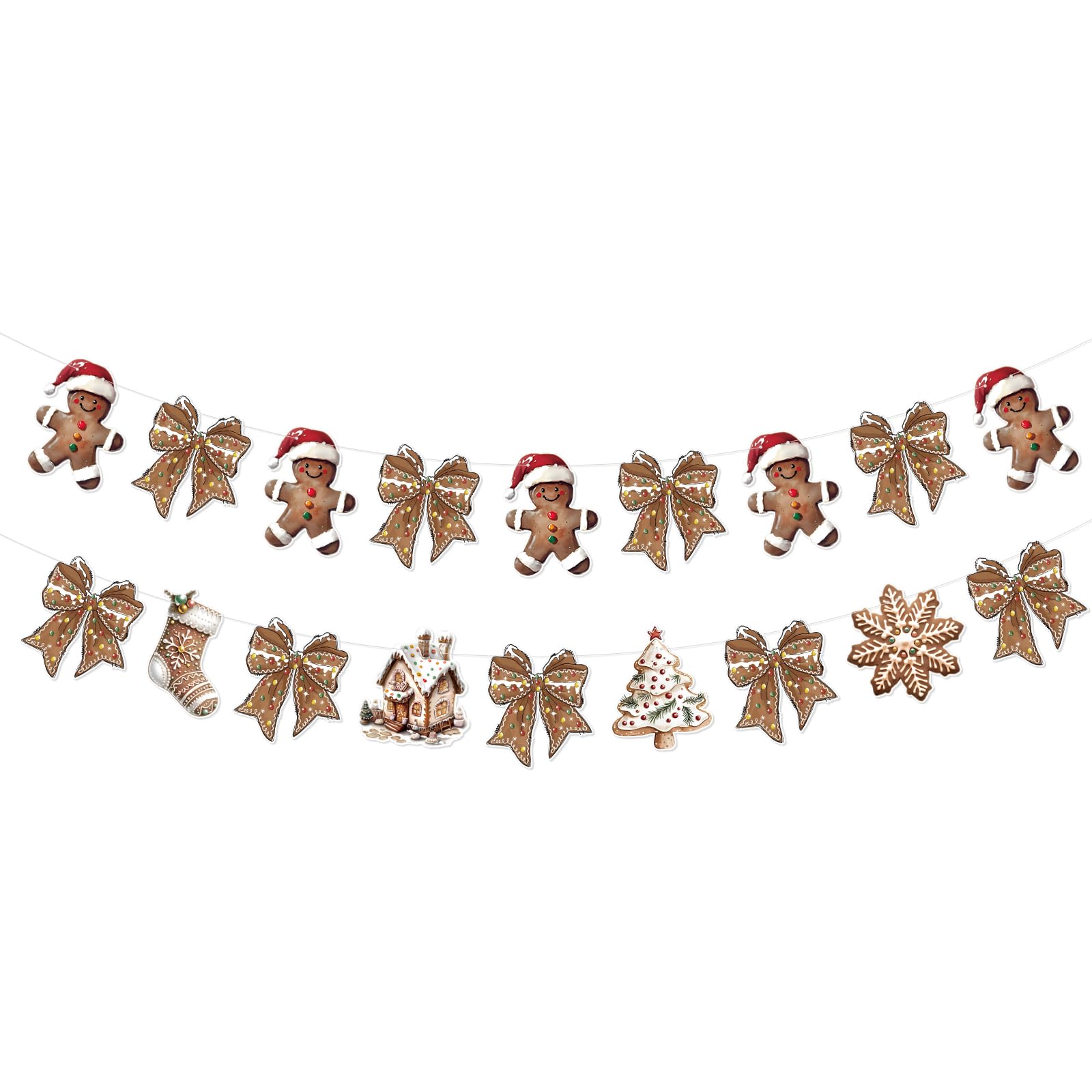Oudain 2 Pack Gingerbread Banner Garland Brown Christmas Hanging Decorations Vintage Rustic Christmas Tree Bow Paper Bunting Ban