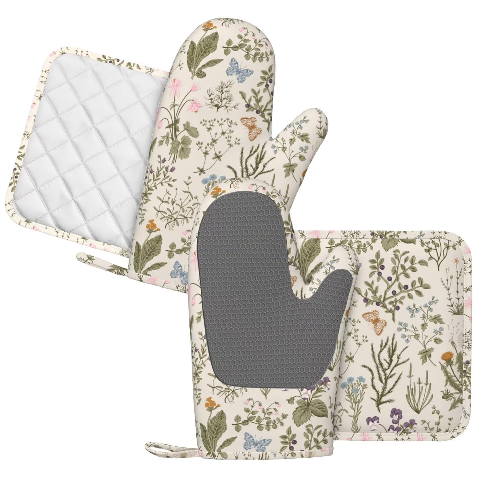 Mifsoiavv Vintage Wildflower Herbs Floral Rustic Butterfly Oven Mitts And Pot Holders Sets Silicone Kitchen Mitts Potholders Hea