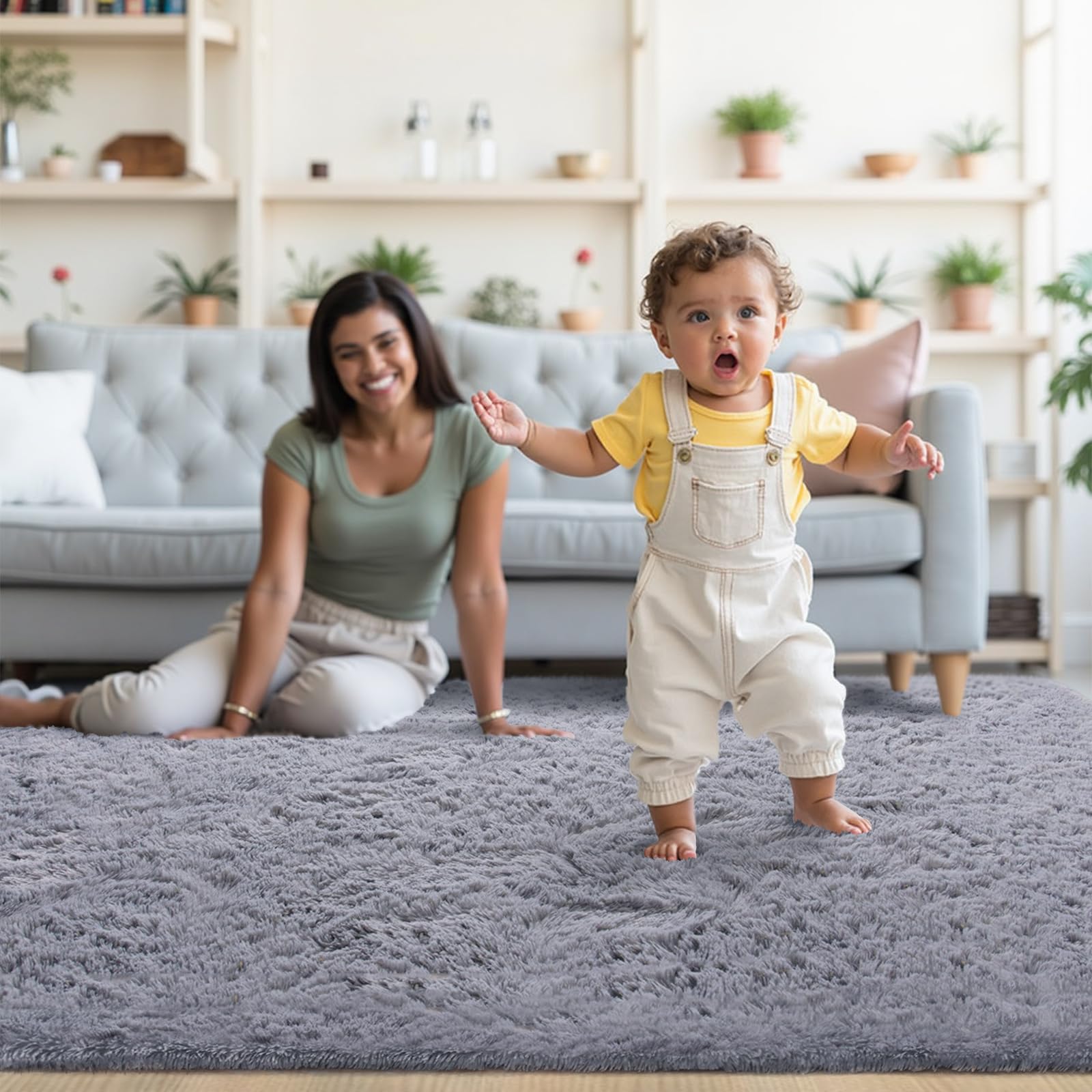 Grey Rug for Living Room Fluffy 4x6 ft Bedroom Rug Non-Slip Area Rugs Shag Carpet for Nursery Kids Play Room Dorm Office Indoor 