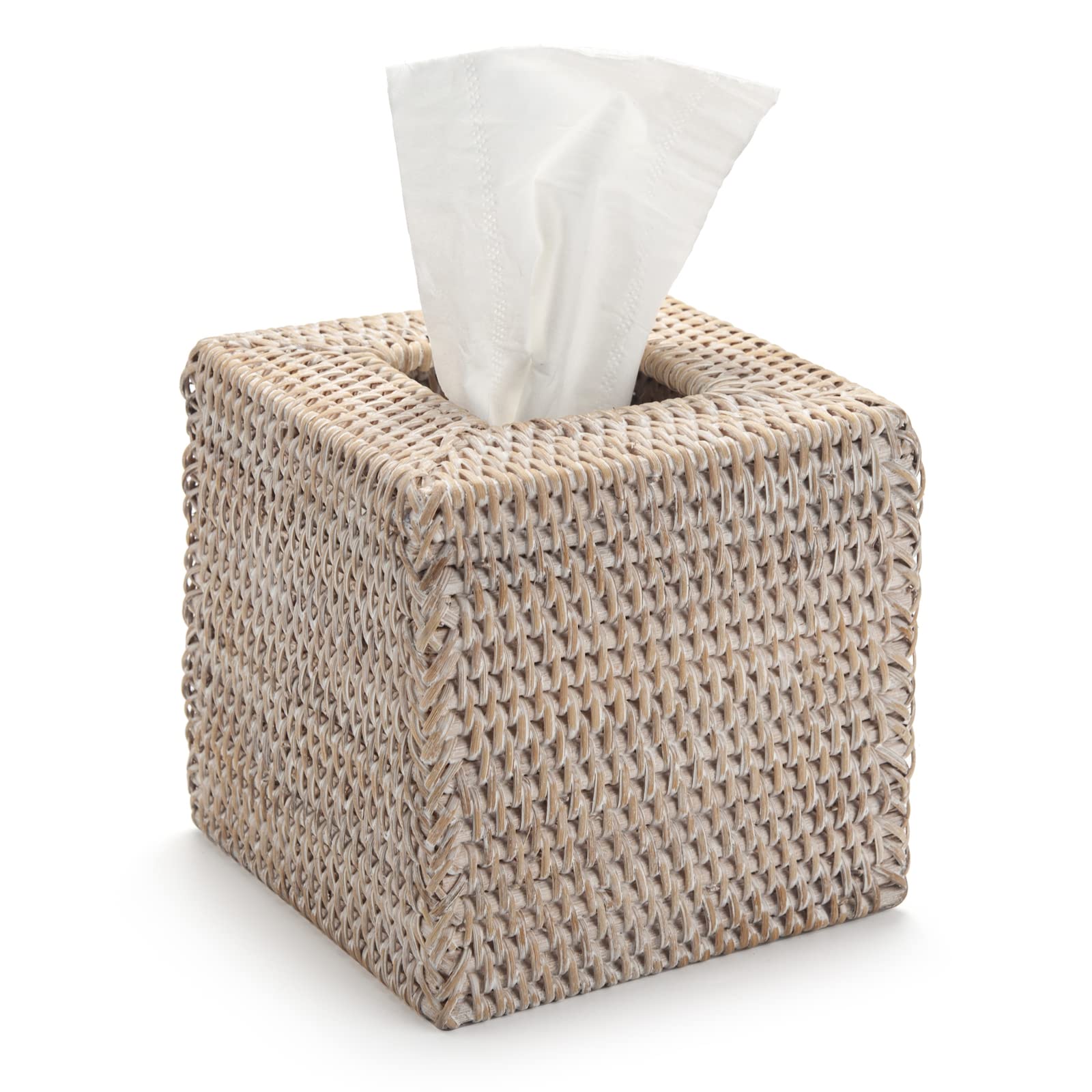 Rattan Tissue Box Cover Natural Woven Facial Napkin Holder Square (White, 5.5X5.5X5.9 Inch)