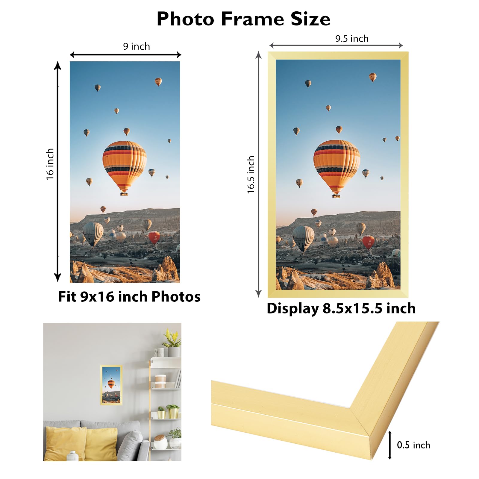 JCJMY 9x16 Picture Frame Gold for Wall Hanging, Wall Mounting Horizontally or Vertically, 9 x 16 Wall Gallery Poster Photo Frame
