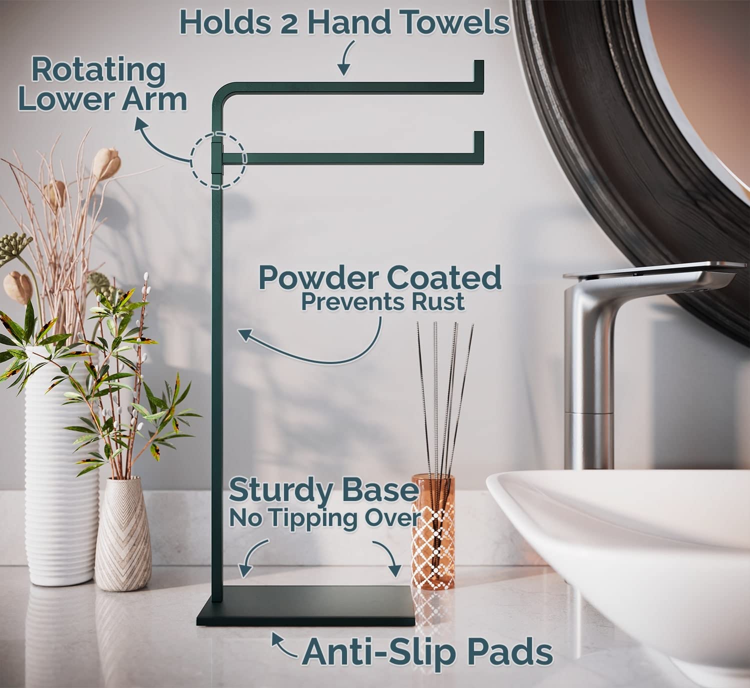 Hand Towel Stand For Bathroom Counter - 17'' Black Countertop Towel Stand - Holds 2 Towels - Countertop Towel Holder Stand - Sta