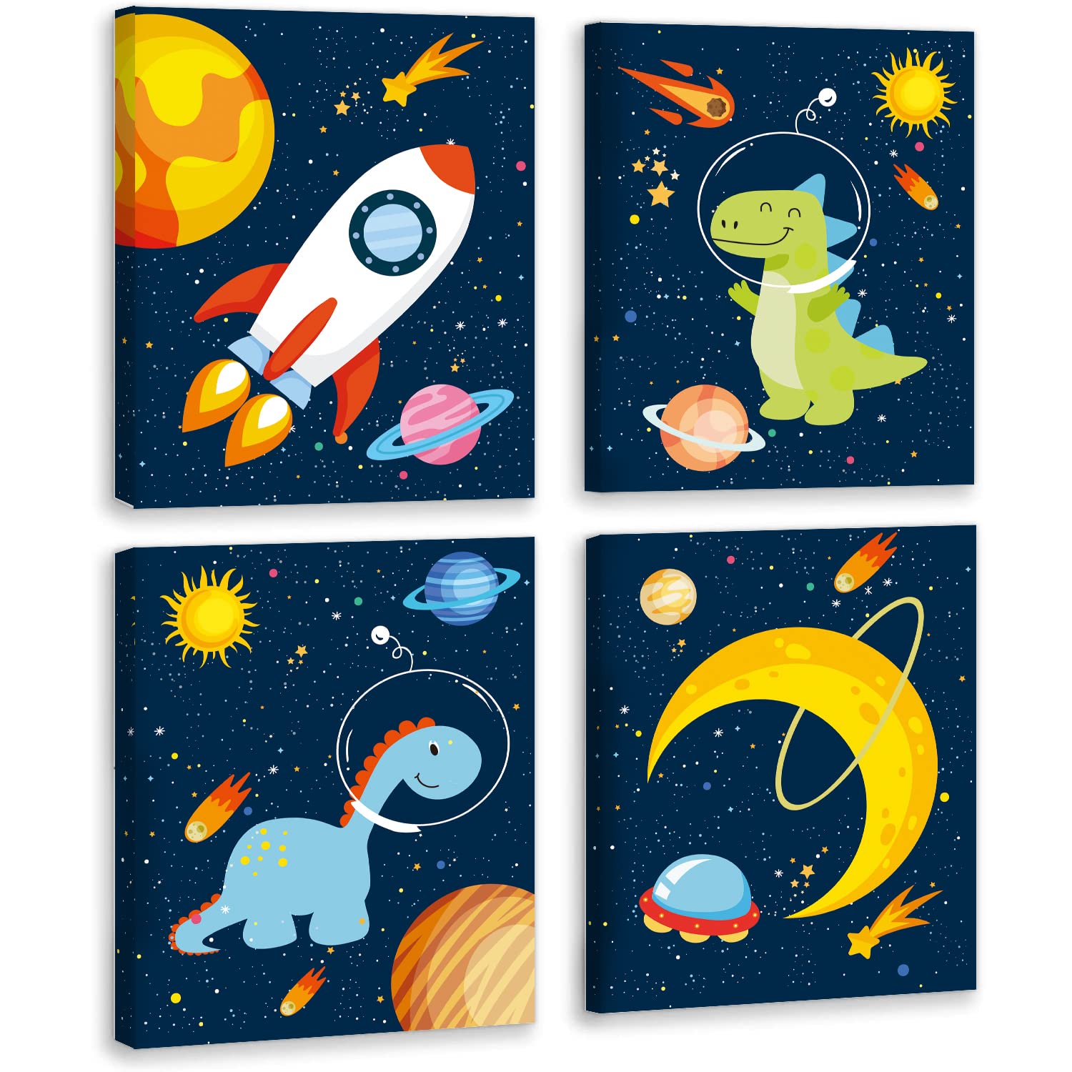Kairne Outer Space Dinosaur Room Decor,Solar System Stars Wall Canvas Poster,Set Of 4 (12X16Inch,Framed) Planet Astronaut Art Pr