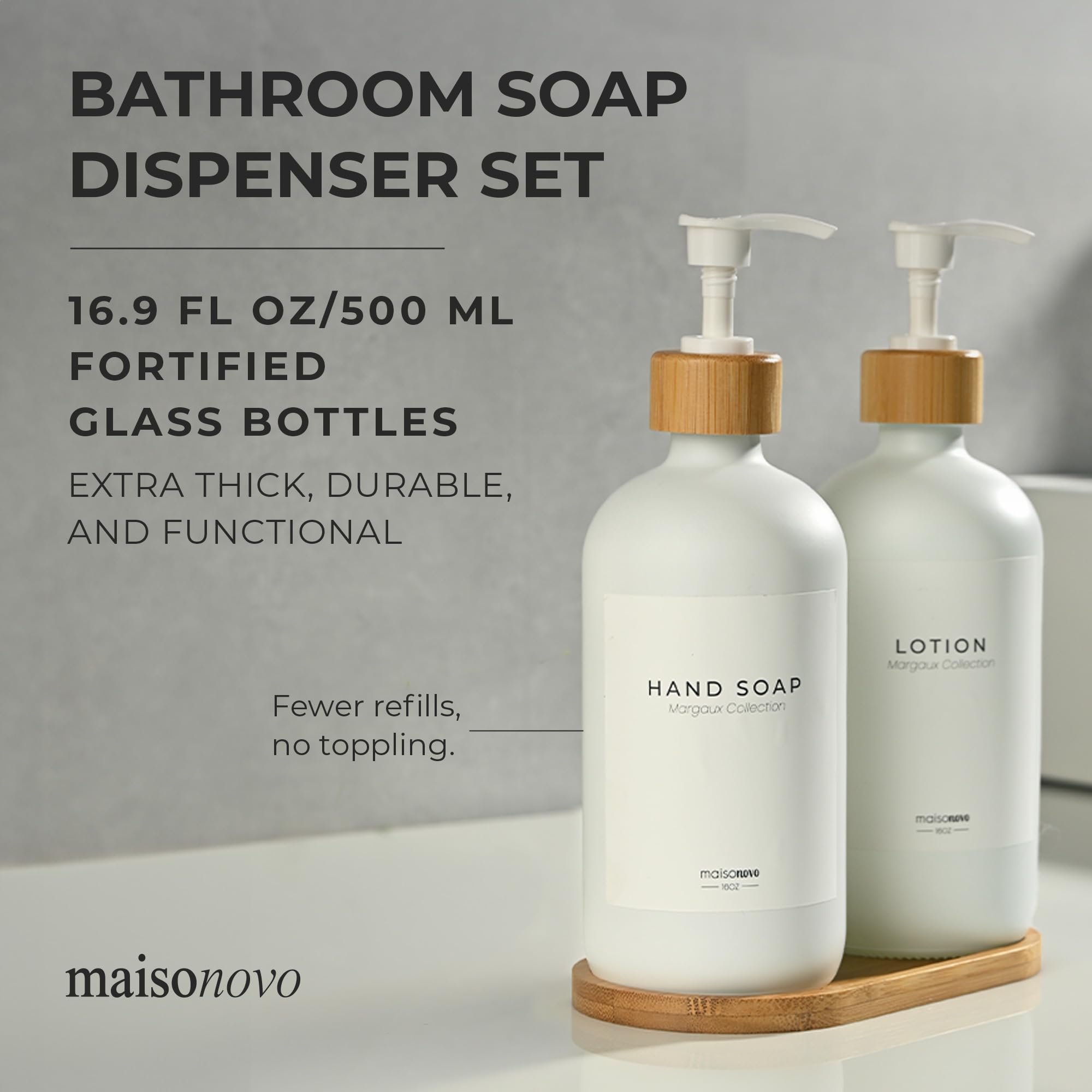 Maisonovo Kitchen Soap Dispenser Set - Glass Soap Dispenser With Pump - White Bamboo White Pump 16.9 Fl Oz - Bathroom Soap Dispe
