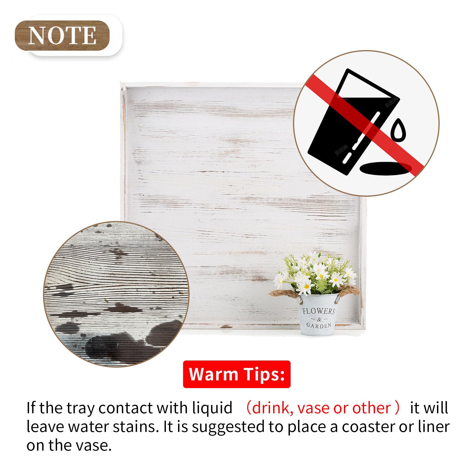 Hanobe Square Large Ottoman Tray: Extra Large Serving Tray With Handles Rustic Wood Whitewash Decorative Coffee Table Trays Farm