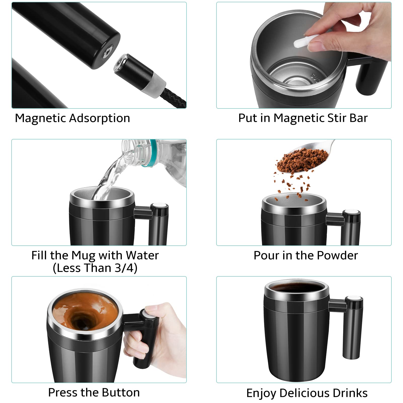Vermida Self Stirring Coffee Mug, 13Oz Automatic Stainless Steel Mixing Cup With 2Pc Stir Bars For Milk/Coffee, Double Wall Insu