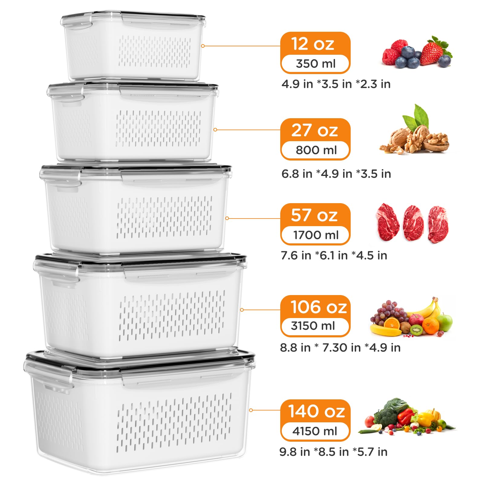 5-Pack Fruit Storage Containers For Fridge With Removable Colanders, 4 In 1 Produce Storage Containers With Lids, Leakproof Frid