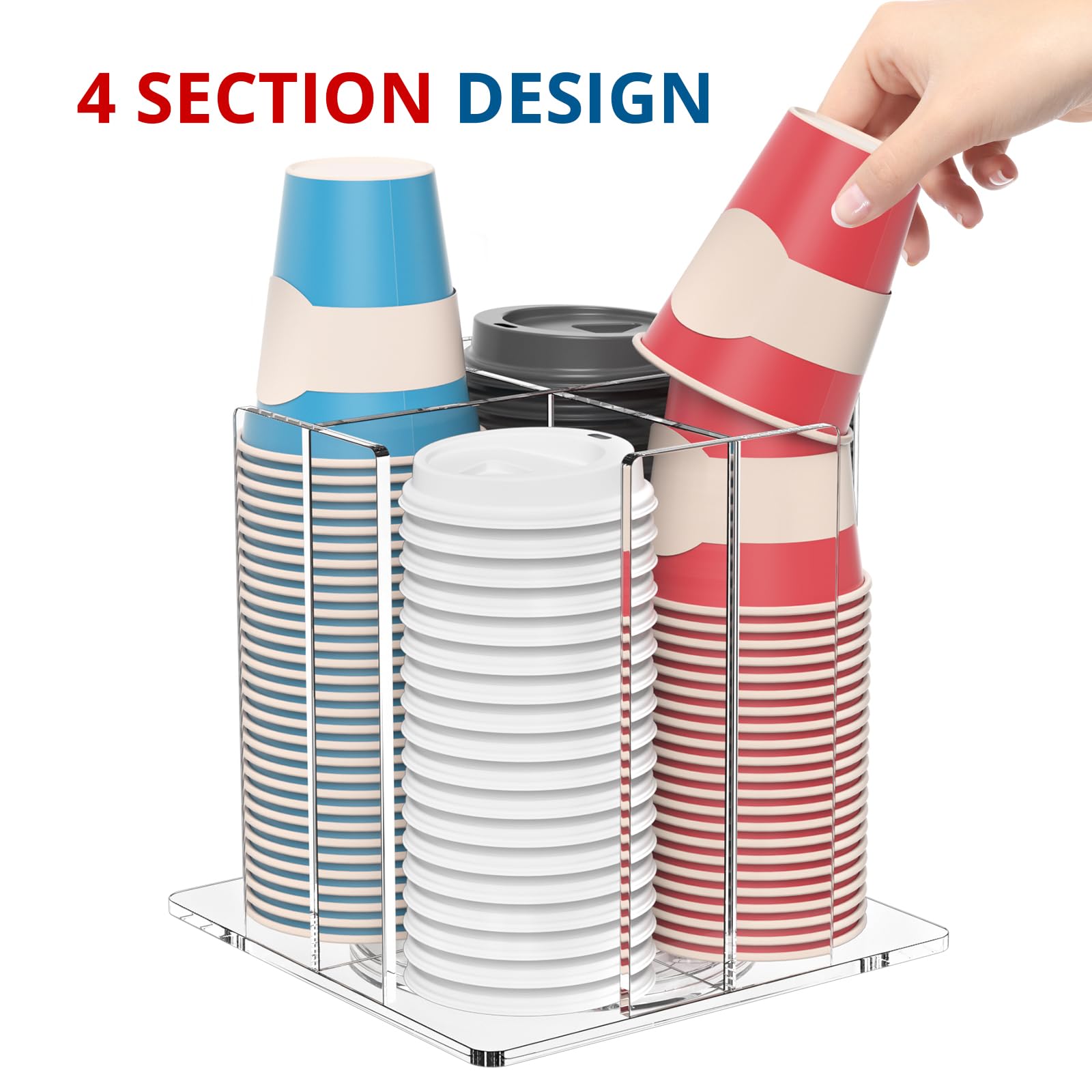 Kotemon Cup And Lid Holder, 4 Compartment, Square | Rotating Coffee Cup Dispenser Lid Carousel For Restaurant, Buffet, Coffee St