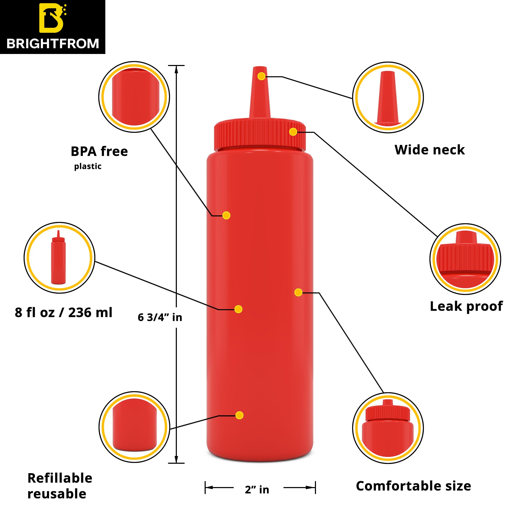 Brightfrom Condiment Squeeze Bottles, Red 8 Oz Empty Squirt Bottle With Wide Neck - Great For Ketchup, Mustard, Syrup, Sauces, D
