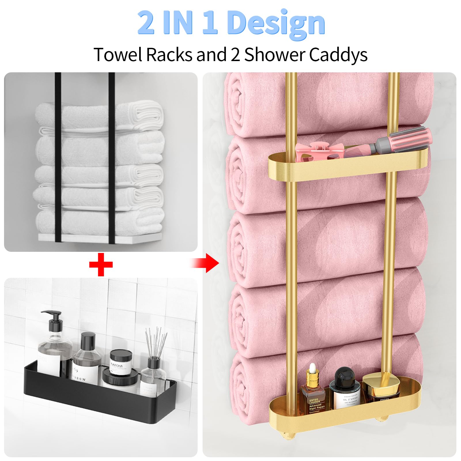 Stwwo Towel Racks For Bathroom With Shower Caddy With Metal Shelf, 36.4 Inch Bathroom Towel Storage Wall Mounted, Gold