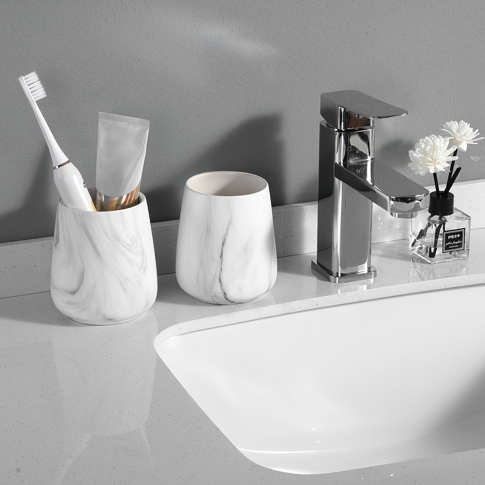 2Pcs Toothbrush Holder For Bathroom - Marble White Ceramic Tooth Brushing Holders Set, Toothbrush Cup & Toothpaste Organizer For