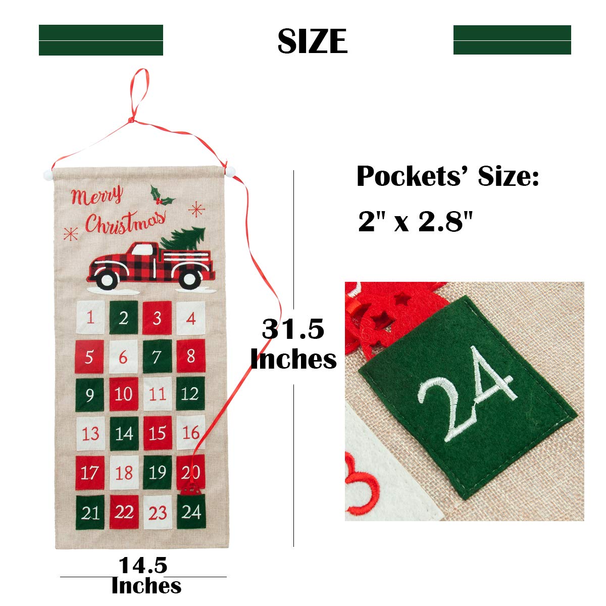 GMOEGEFT Burlap Advent Calendar 2024 Countdown to Christmas with Truck Applique Hanging Xmas Home Wall Fabric Decoration