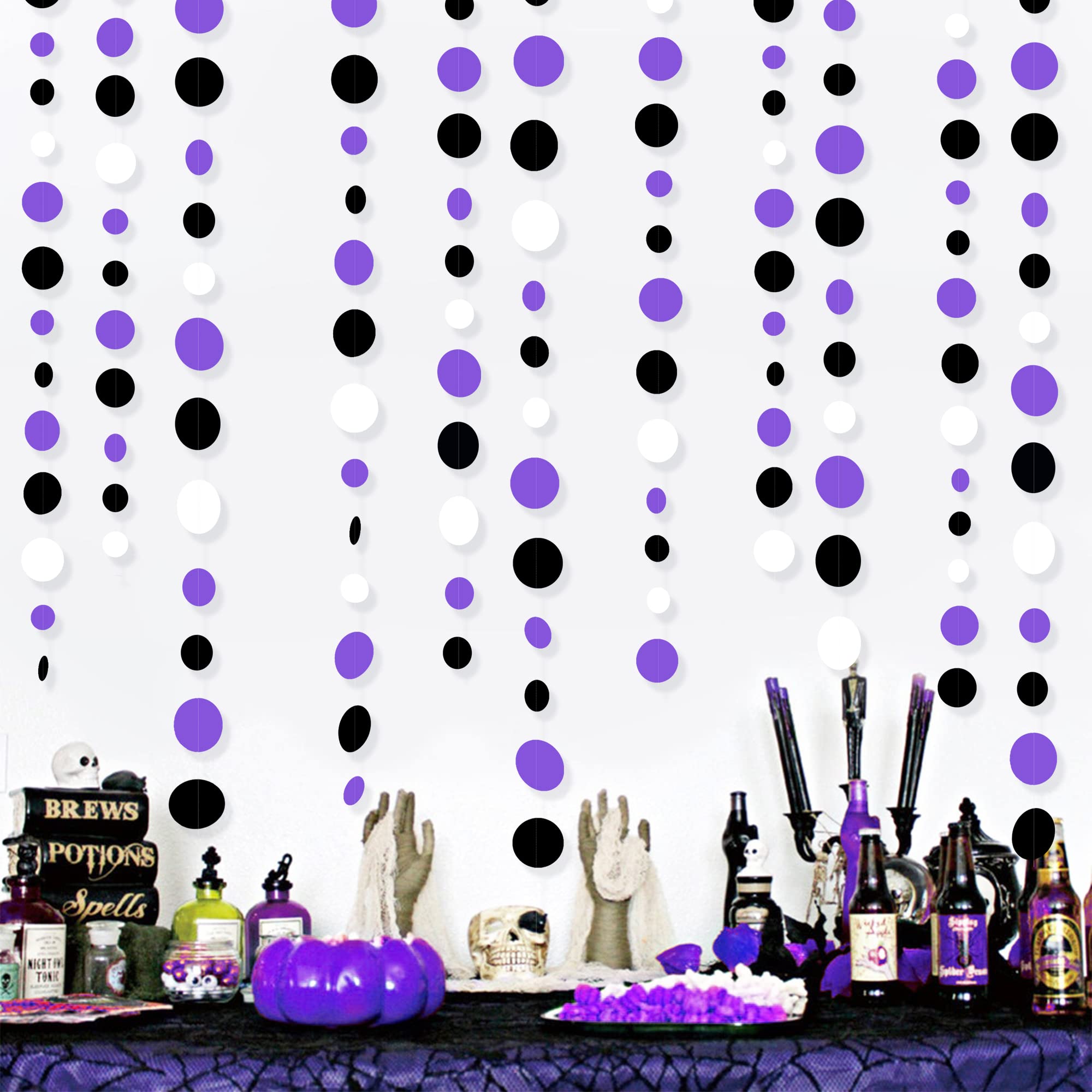 46Ft Purple Black Circle Dots Garlands Black Purple And White Polka Dot Hanging Paper Streamer Banners For Birthday Graduation W