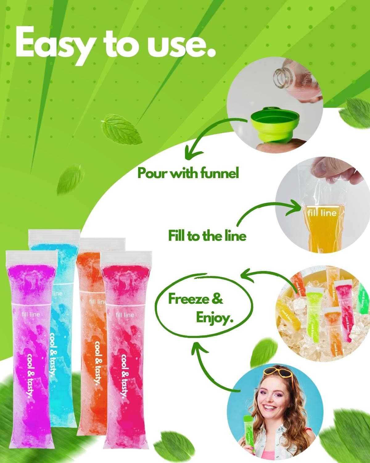 Ansmio 150 Disposable Popsicle Mold Bags With Zip Seals, 8X2'' Freezer Tubes For Diy Ice Pops, Yogurt, Juice & Fruit Smoothies -