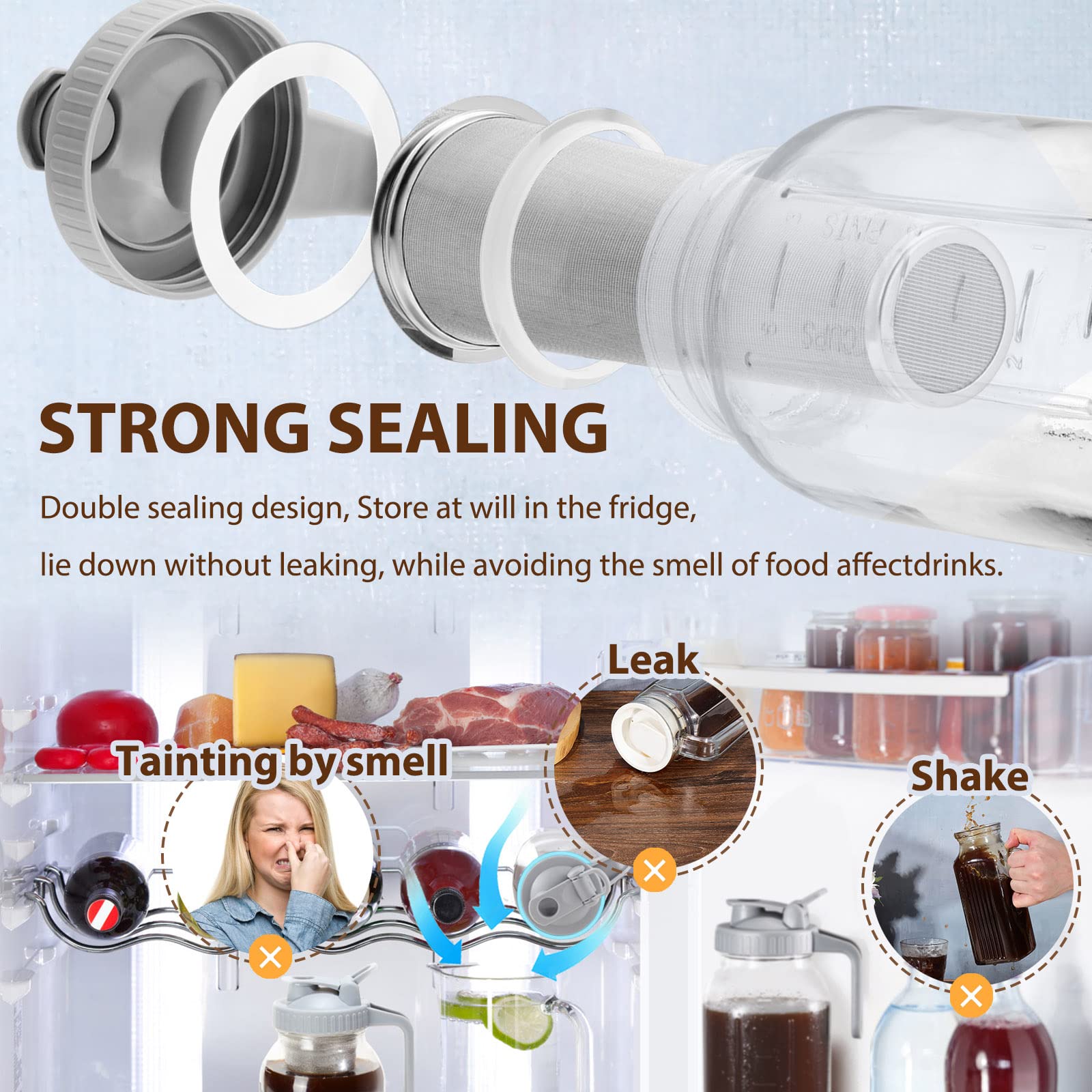 Cold Brew Coffee Filter With Pour Spout Lid For 64 Oz Wide Mouth Mason Jar, 304 Stainless Steel Strainer With Seal Ring For Iced
