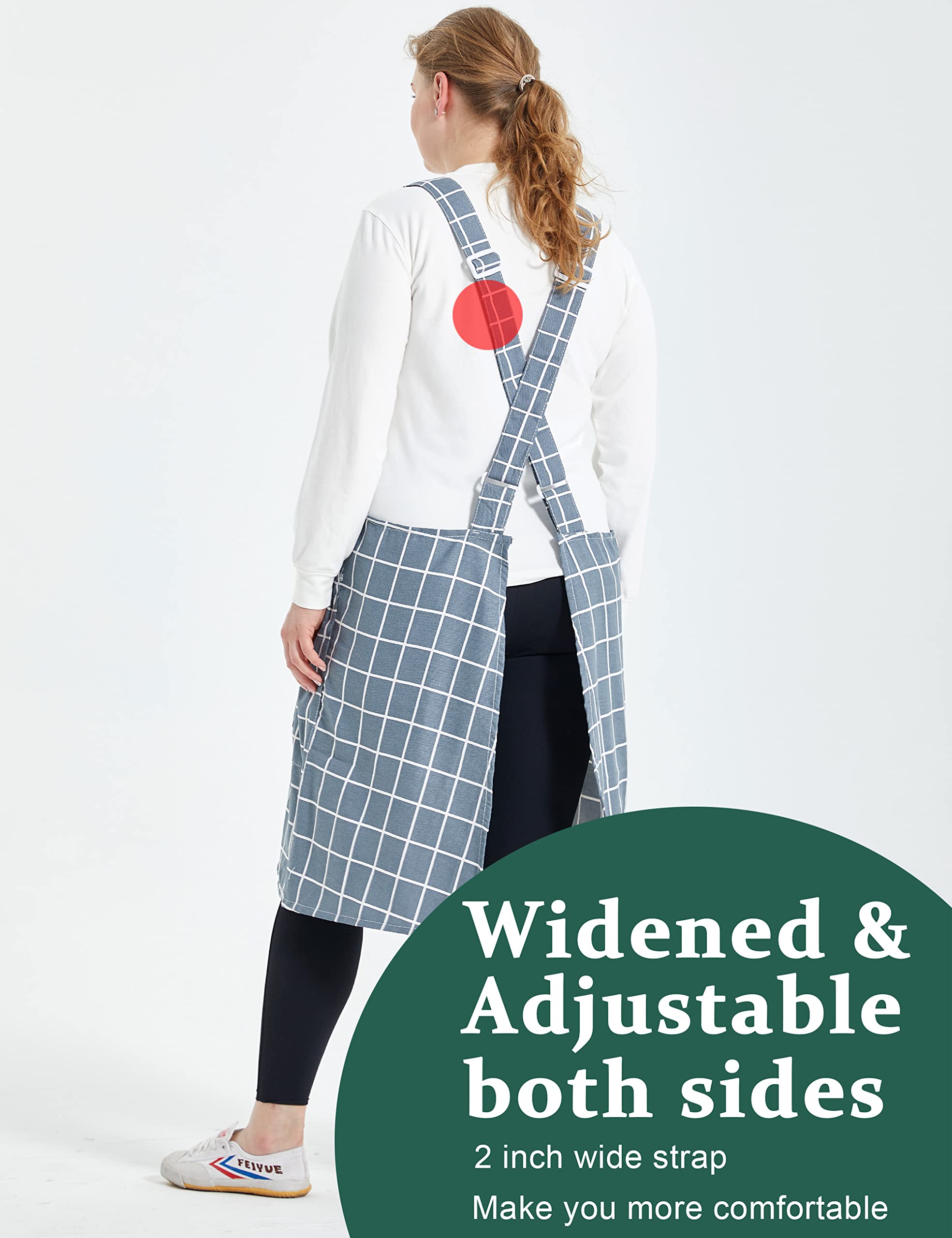 Apronner Big Plus Size Aprons For Women With Pockets Cotton Linen Baking Kitchen Cooking Grey Grid