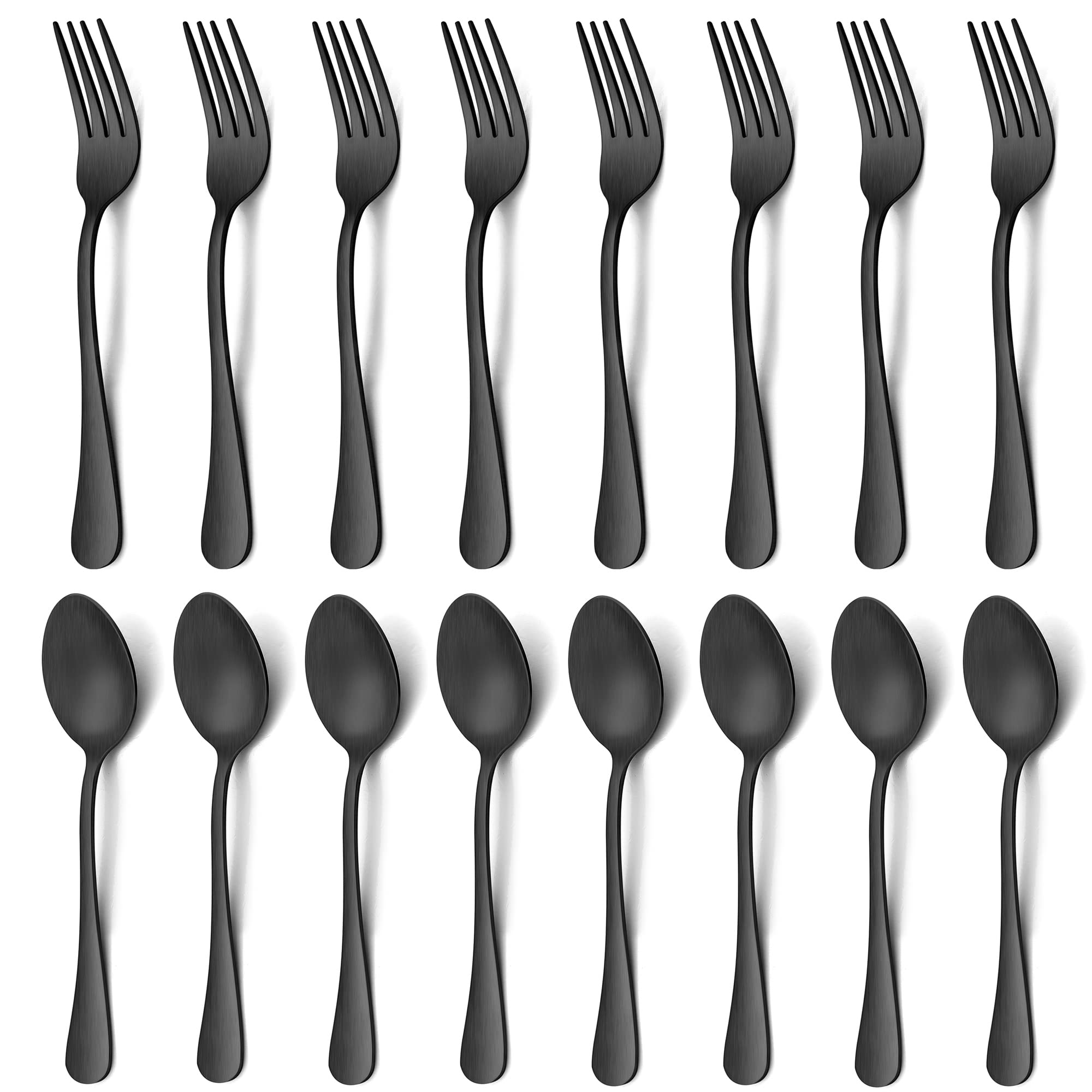 Lianyu 16-Piece Matte Black Forks And Spoons Silverware Set, 8 Dinner Forks And 8 Teaspoons, Stainless Steel Black Flatware Cutl