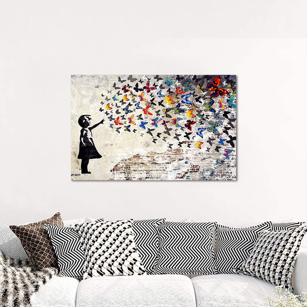 Colorful Graffiti Street Canvas Wall Art Funny Butterfly Banksy Street Art Mural Pop Art Modern Home Office Wall Decor Framed Ca