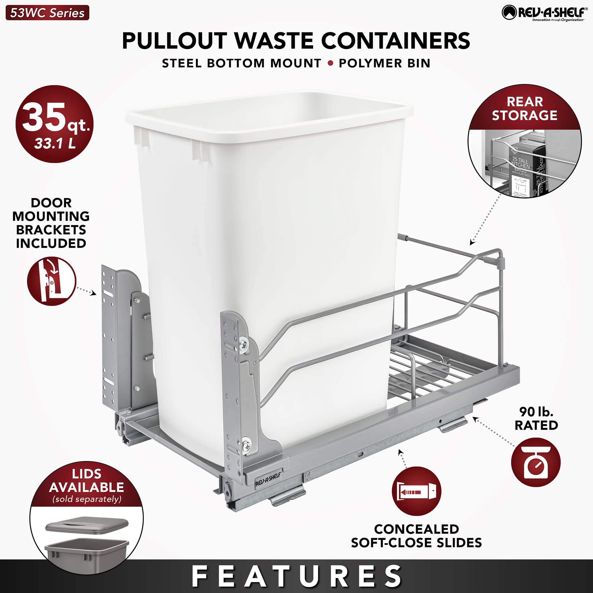 Rev-A-Shelf Pullout Trash Can For Under Kitchen Cabinets 35 Qt. 8.75 Gallon With Soft-Close Slides And Rear Storage, Orion Gray,