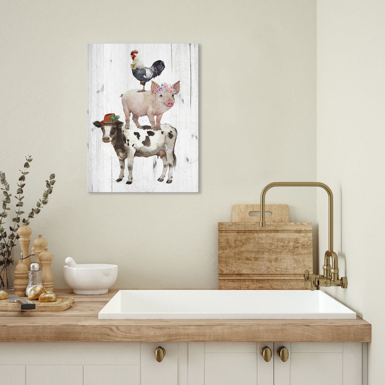 YPY Farm Animals Canvas Wall Art - Rooster Pig Cow Print, 15L x 10W, Rustic Wood Framed Decor for Home Office, Ready to Hang