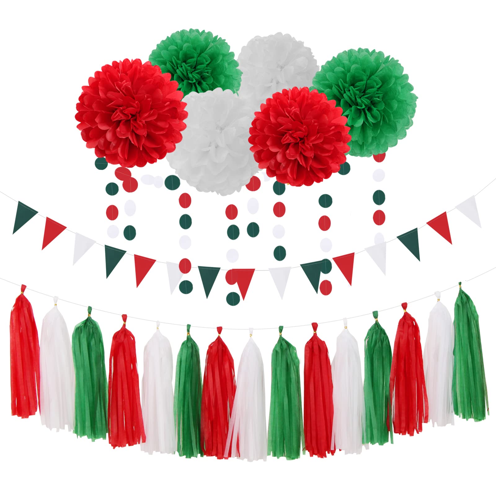Red-Green White Christmas In July Party-Decorations - 23Pcs Mexico Italy Tissue Pom Poms Streamers,Tassel Garland Banner,Mexican