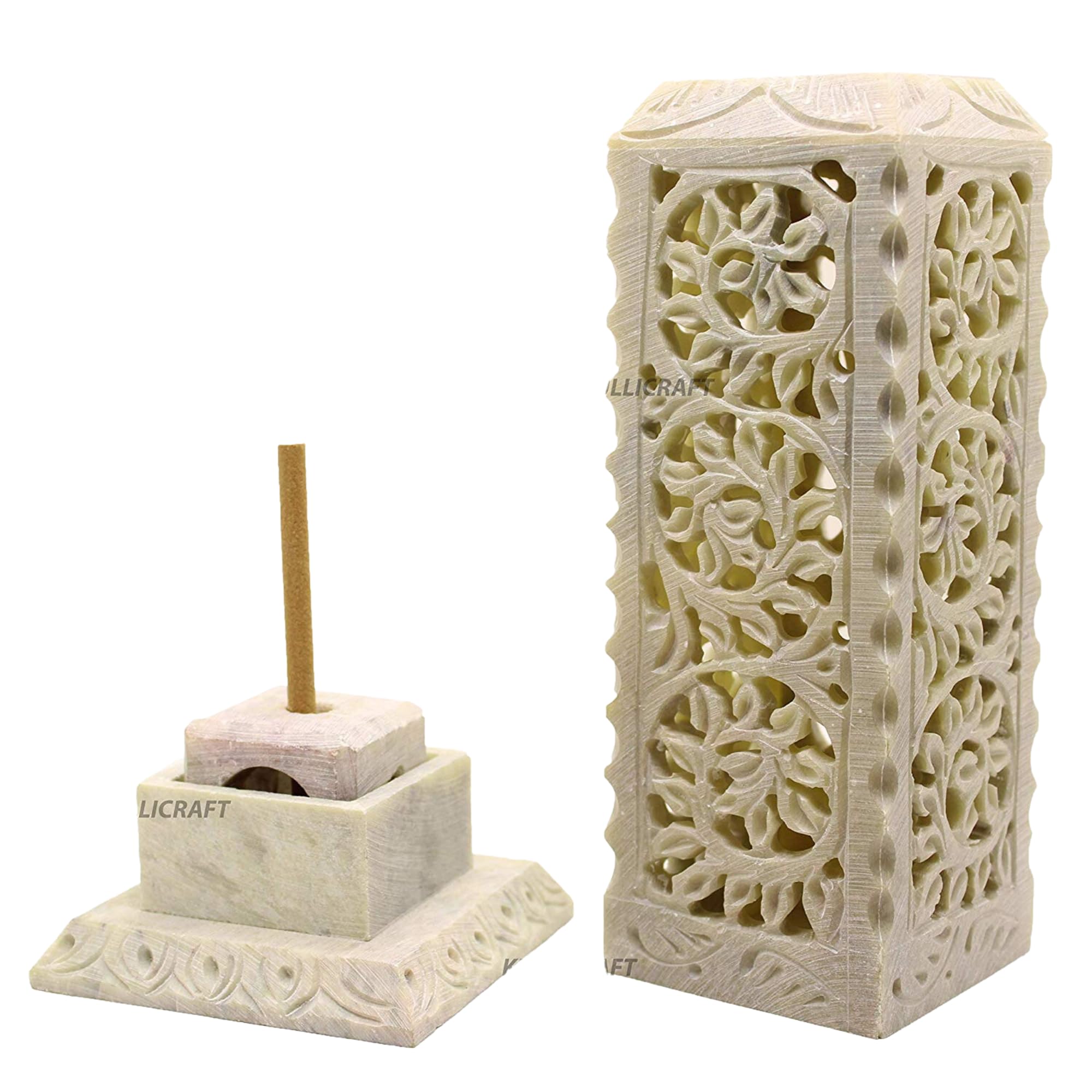 Kc Kullicraft Soapstone Marble Handcrafted Floral Carving Incense Agarbati Stand Holder For Puja With 6 Dhoop Batti