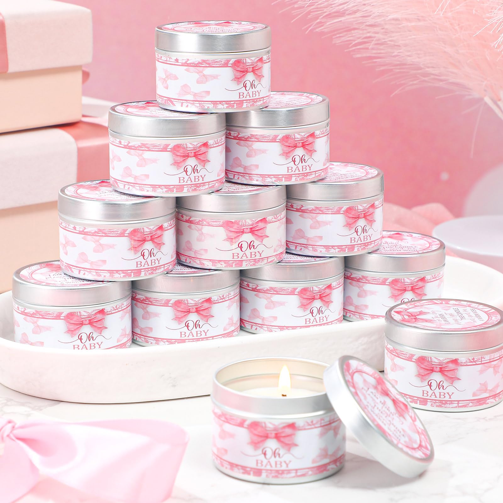 MTLEE 24 Pcs Bow Baby Shower Party Favors Candles Lavender Scented Baby Shower Favors for Guests Rustic Tealights Candles Gender