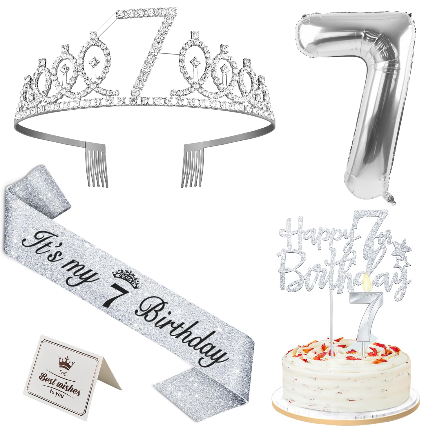 7th Birthday Decorations for Girls Silver with 7th Birthday Sash and Tiara, Cake Topper and Candle, Silver Number Balloon, 7 Yea