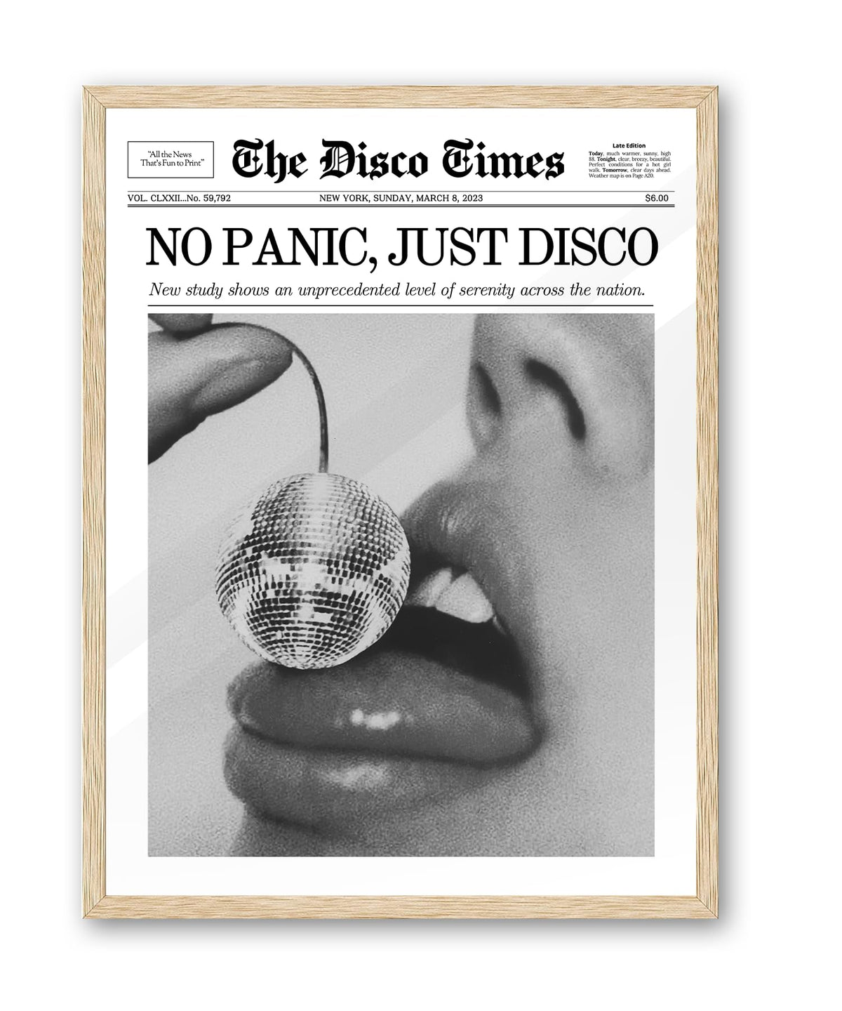 Ihery No Panic Just Disco Small Framed Trendy Newspaper Wall Art,Beige Oak Wood 8X10In Canvas Bedroom Wall Art, Cherry Disco Bal