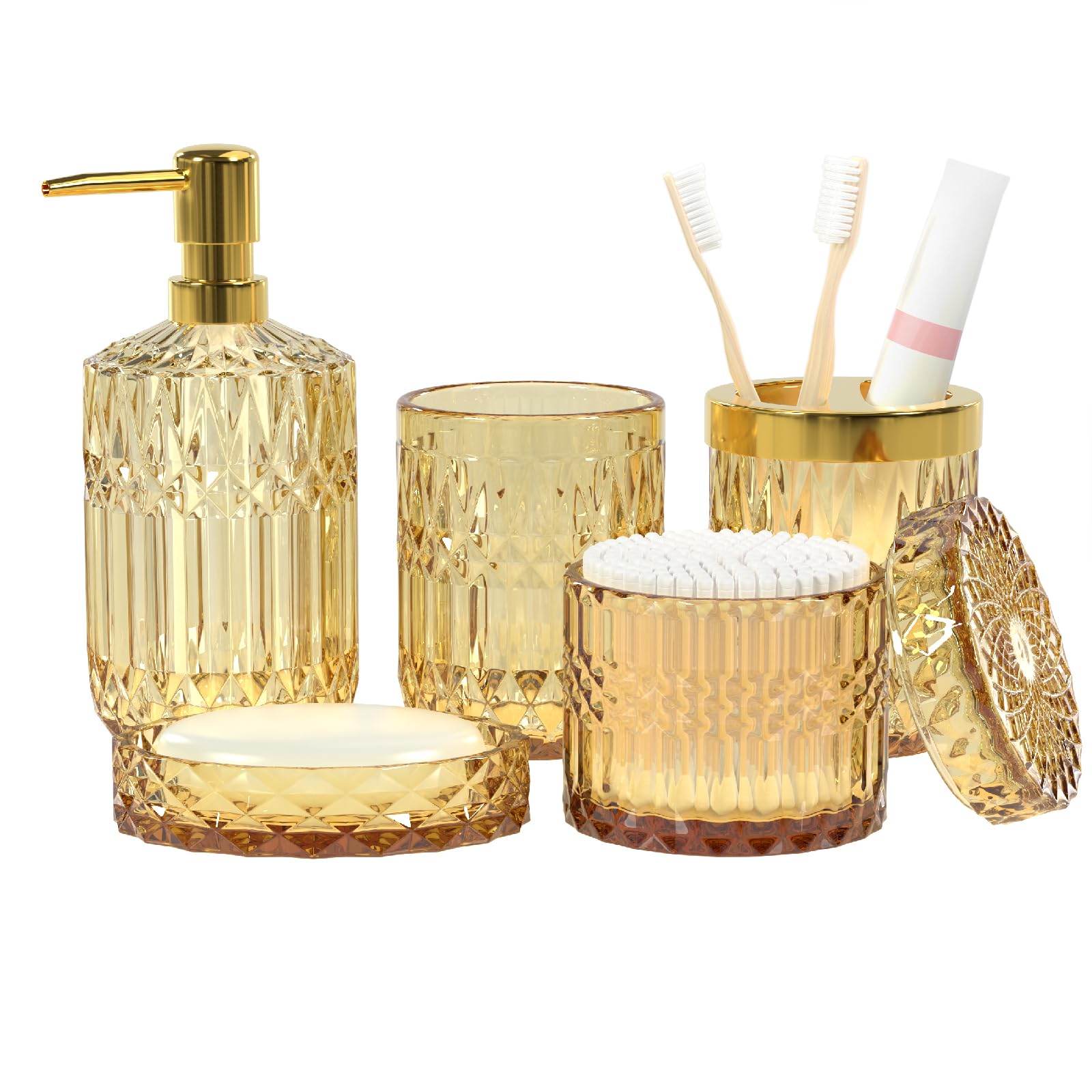 Brown Bathroom Accessory Set 5Pcs - Amber Glass Bathroom Accessories With Toothbrush Holder Set, Soap Dispenser, Soap Dish, Tumb