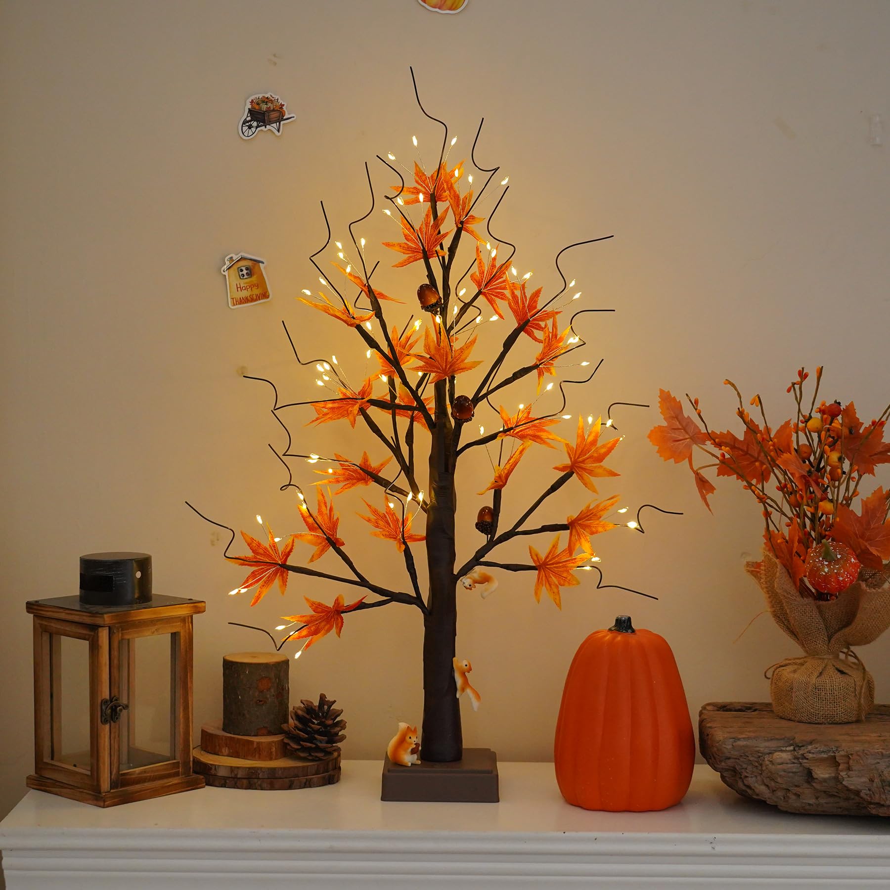 24    72 LED Fall Decorations for Home, Birch Tree Lighted Fall Maple Leaves Artificial Tree LEDs Autumn and 3 Squirrel,Acorn Or