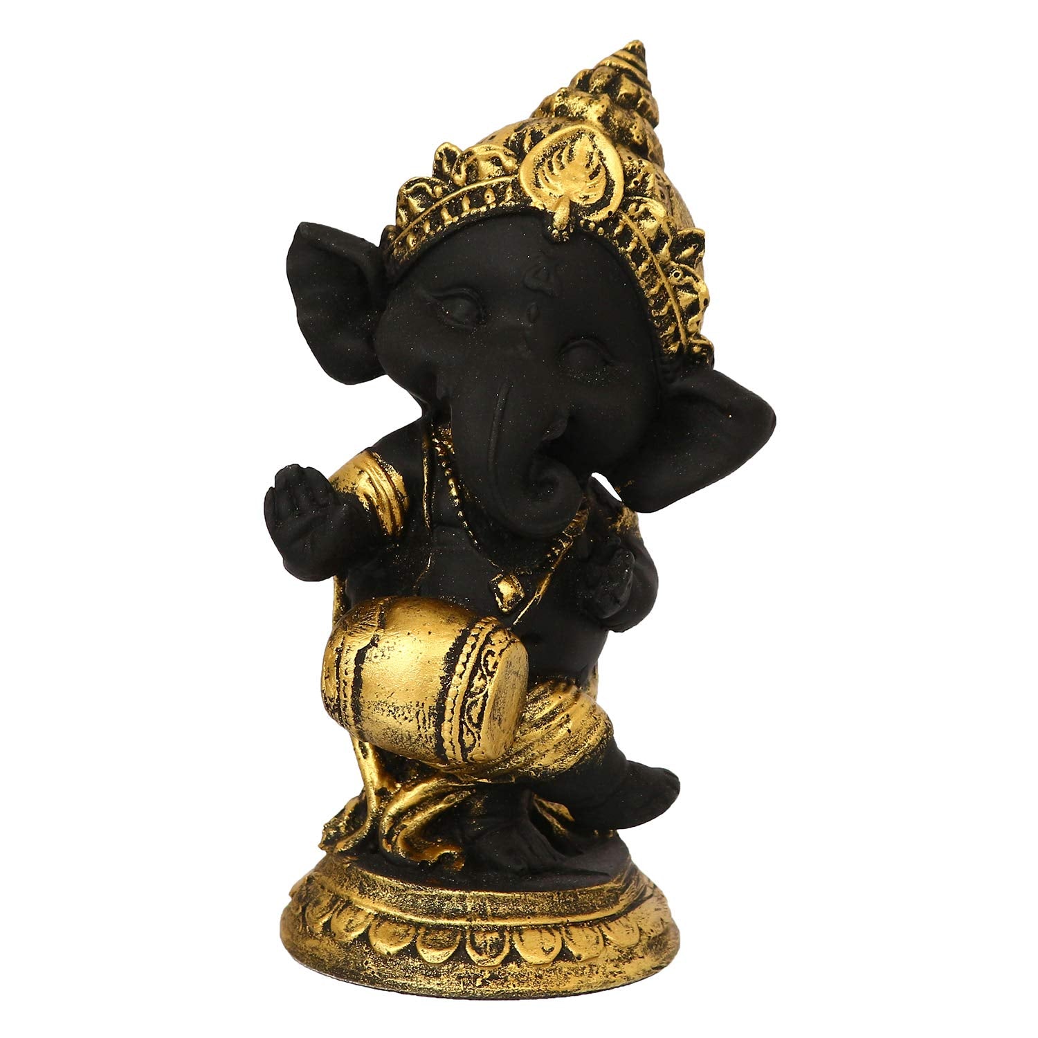 Ecraftindia Golden And Black Polyresin Lord Ganesha Idol Playing Dholak Musical Instrument Decorative Showpiece Ideal For Home,