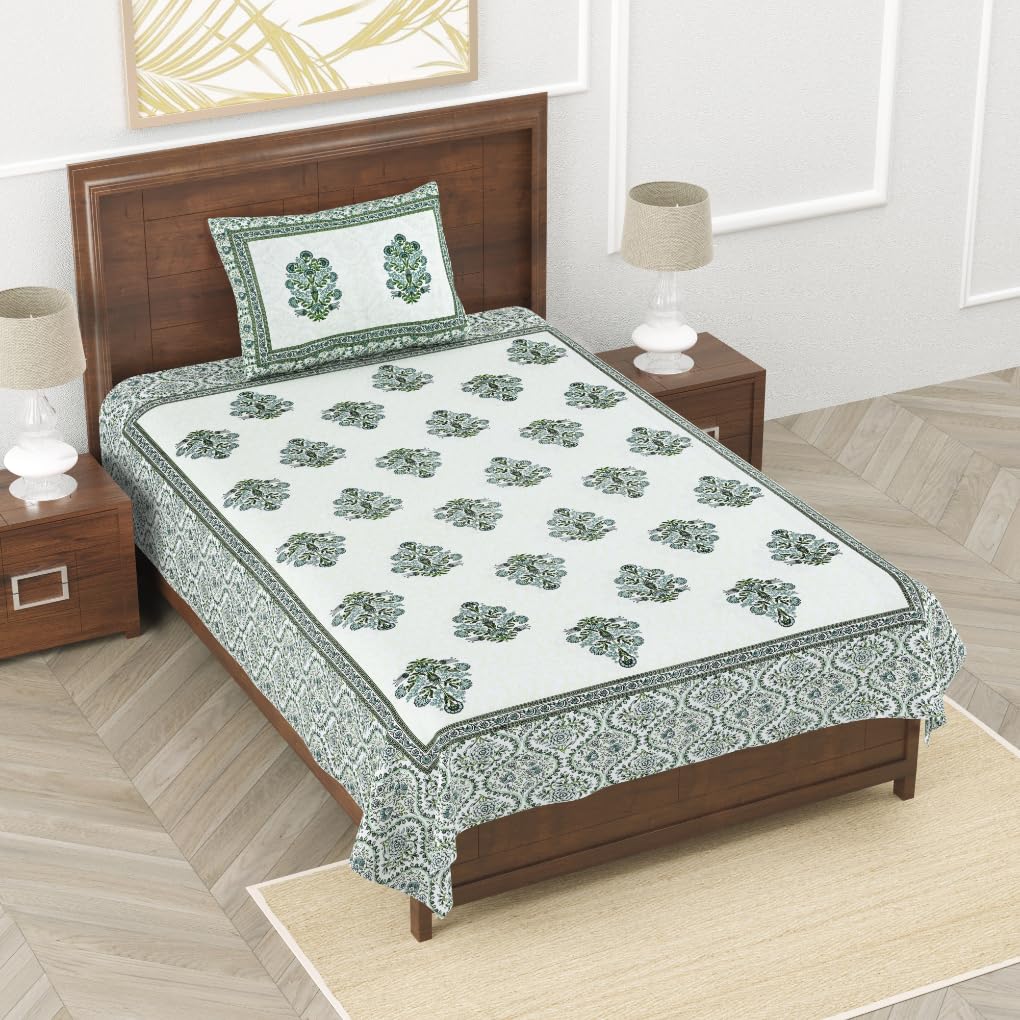 Easygoods Cotton Bedsheet For Single Bedsheet With 1 Pillow Cover 60X90 Inch, Handcrafted Bed Sheets (Green-2)
