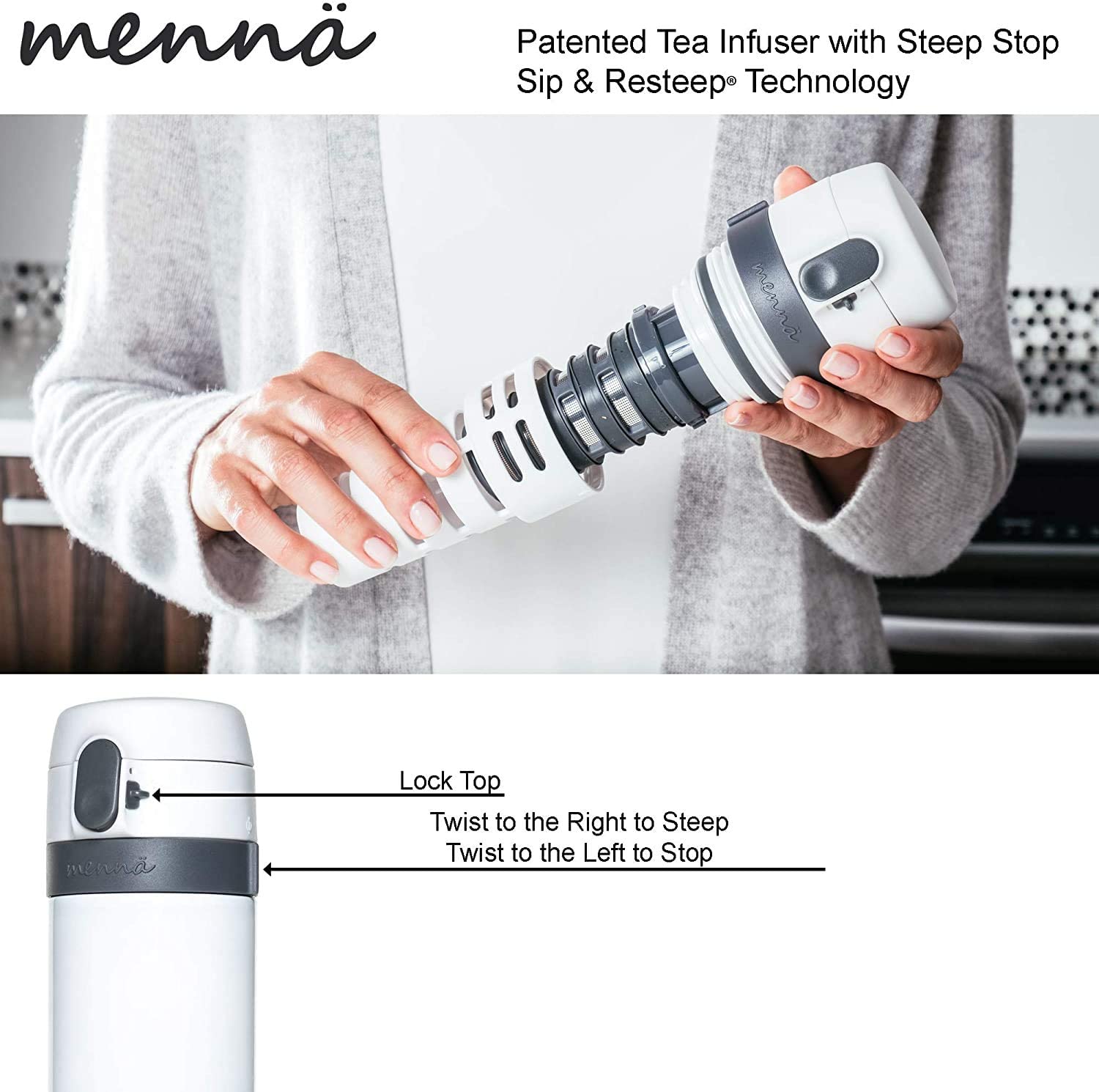 Menna One Control Your Flavor Stainless Steel Tea Infuser Travel Mug With Start & Stop Steeping Infuser Control, For Hot Or Cold