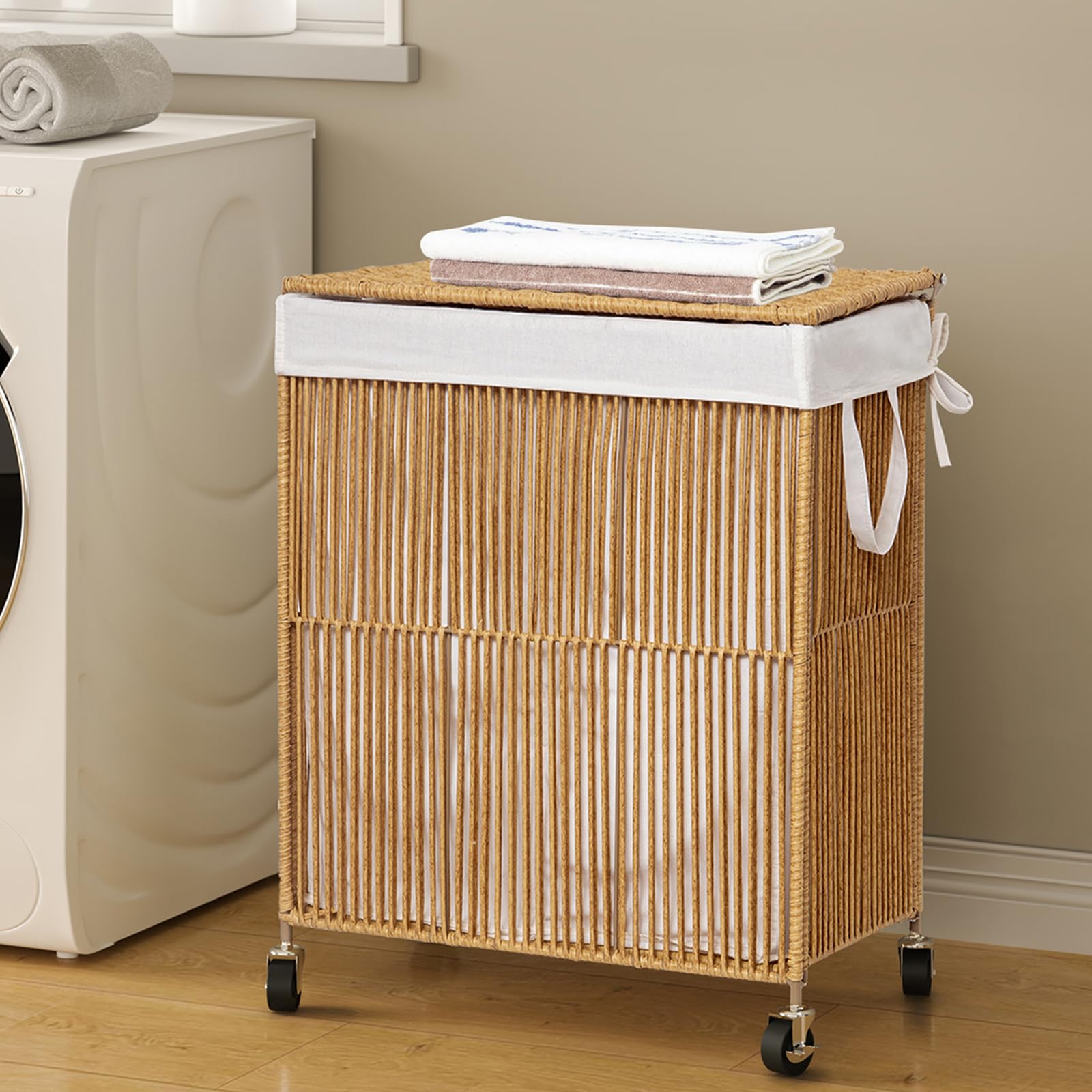Wowlive Laundry Hamper With Wheels, Handwoven Rolling Laundry Basket With Lid, Clothes Hamper With Divided Removable Liner Bag,