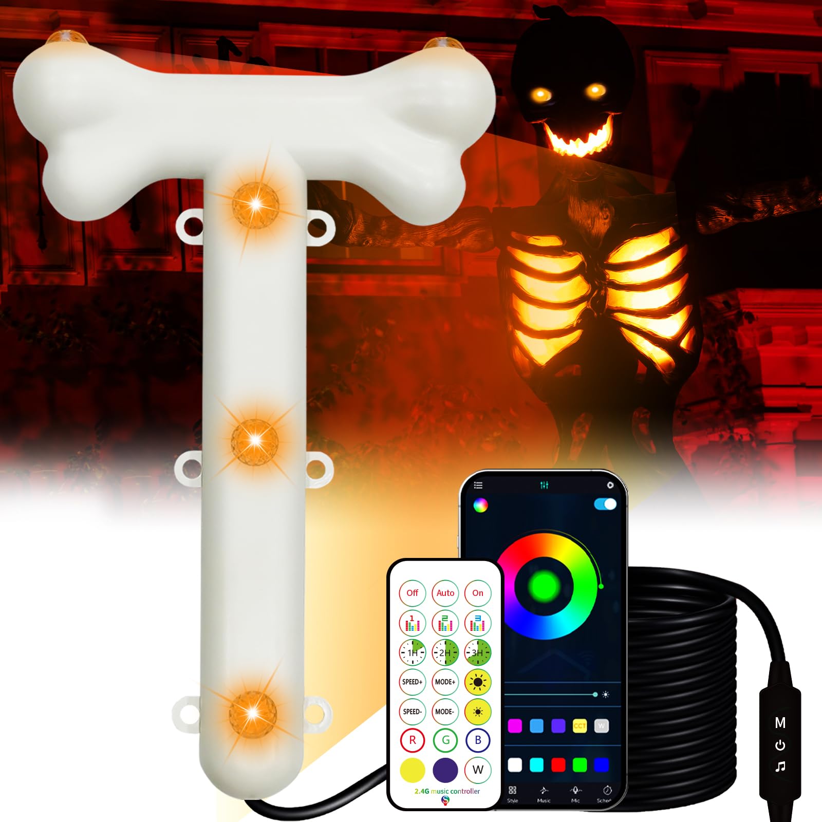 BlissfulTie Halloween 12 Foot Skeleton Light Kit - RGB Color Changing Giant Skeleton Lights with Timer & Waterproof, 12 ft Skele