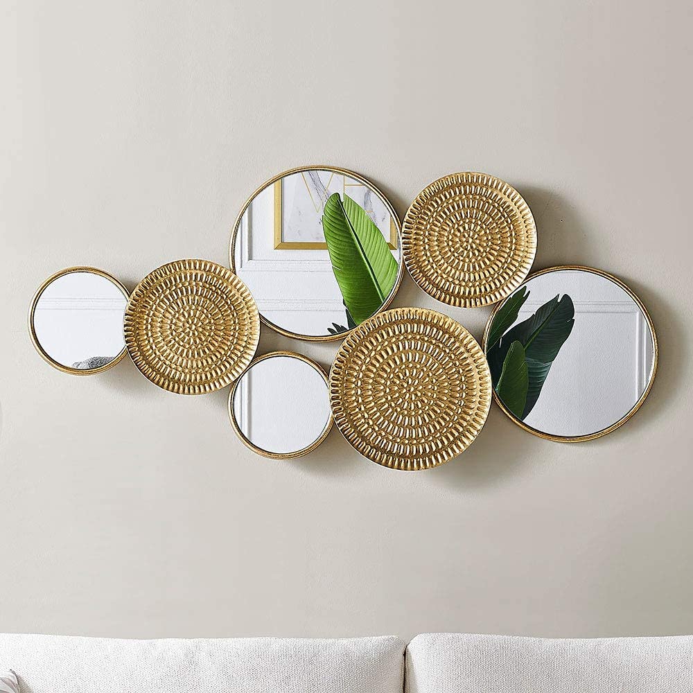 Oakrain Home Decor Metal Wall Decor with Multi Circle Plates Mirror, Large Modern Wall Art Sculpture Decor for Living Room, Offi
