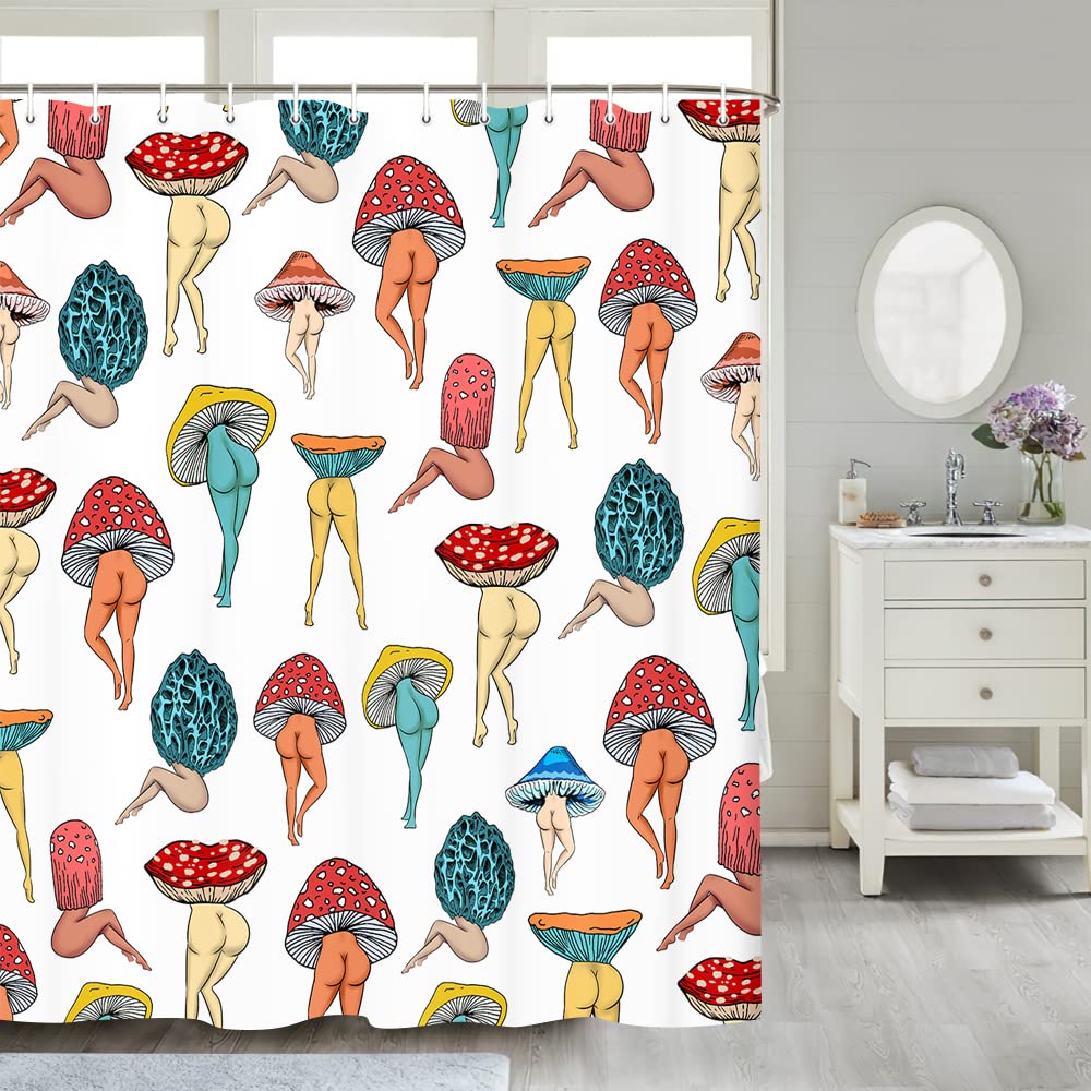 Funny Mushroom Butt Shower Curtain, Fun Cute Sexy Butt 70S 80S Fabric Shower Curtains For Bathroom Hippie Psychedelic Aesthetic