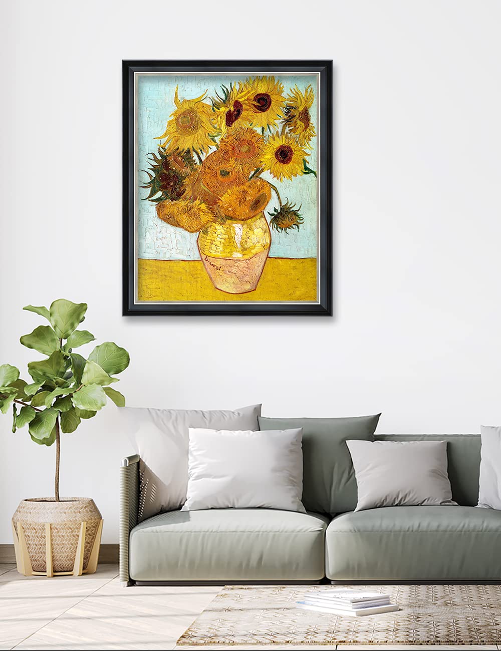 Decorarts - Twelve Sunflowers By Vincent Van Gogh Art Reproduction. Solid Wooden Framed Giclee Print Artwork On Acid Free Cotton