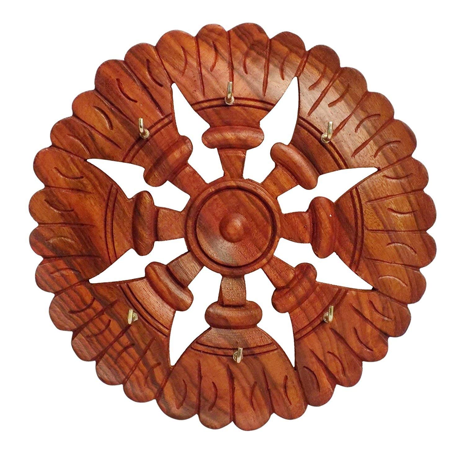 ZYNTIX Handmade Wooden Holder for Keys Wheel White & Brass Inlaid Design | Wooden Wall Handing Key Holder | Wooden Key Ring Hang
