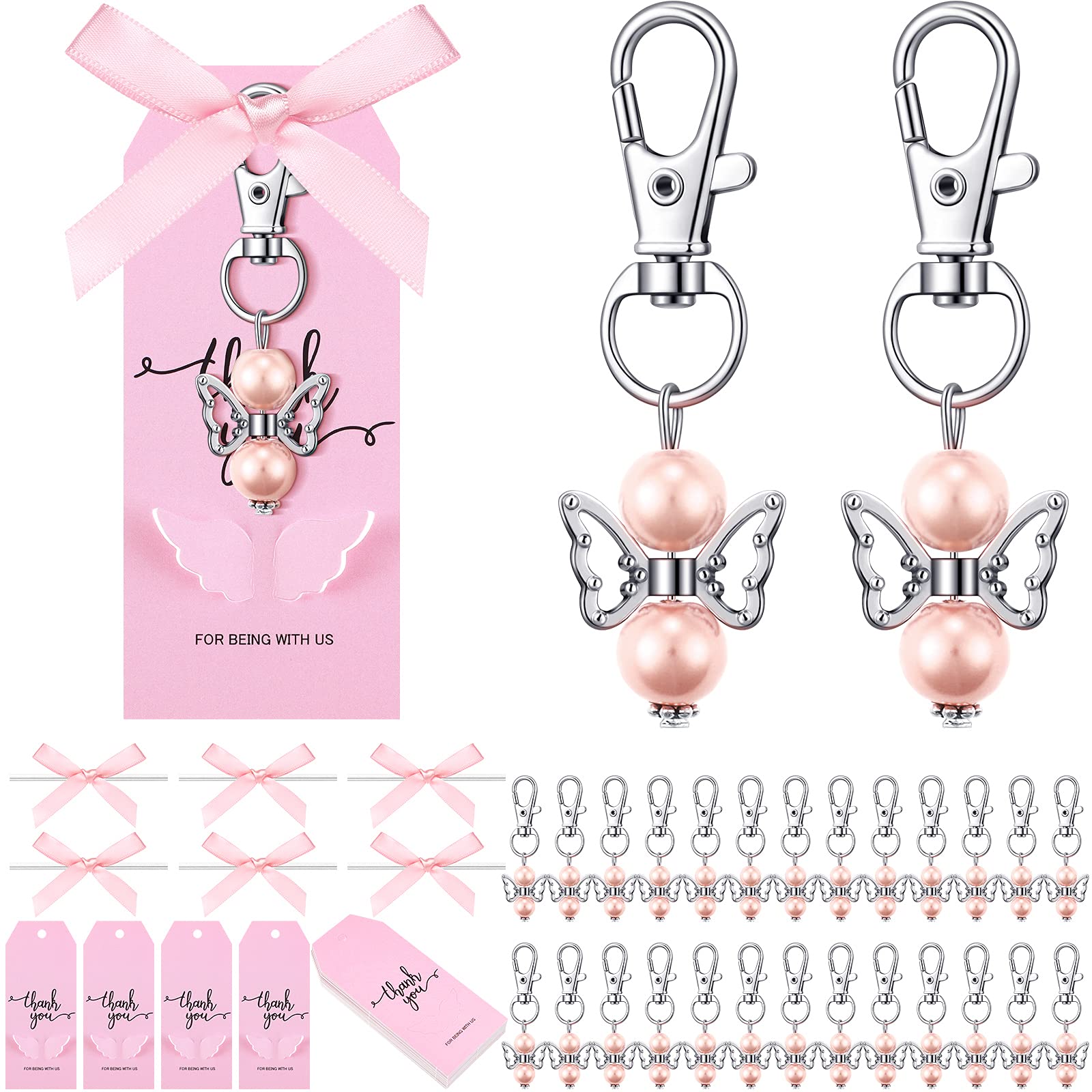 Hicarer 36 Set Baby Shower Favor Angel Keychain Bulk Thank You Tags Baby Girl Shower Favors Guest Return Baptism Gifts(Pink)