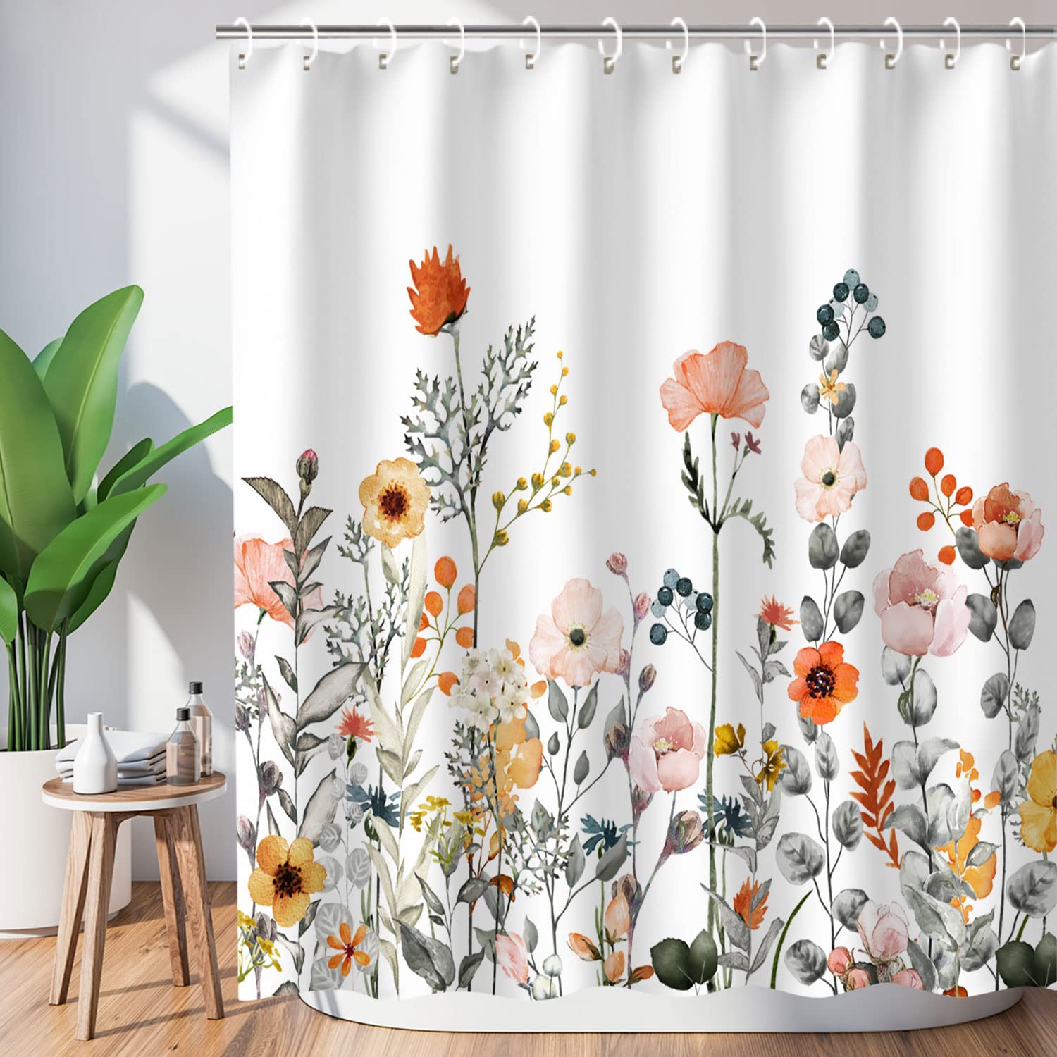 Livilan Floral Shower Curtains For Bathroom Flower Pretty Fabric Colorful Wildflower Flowered Shower Curtain With 12 Hooks Decor