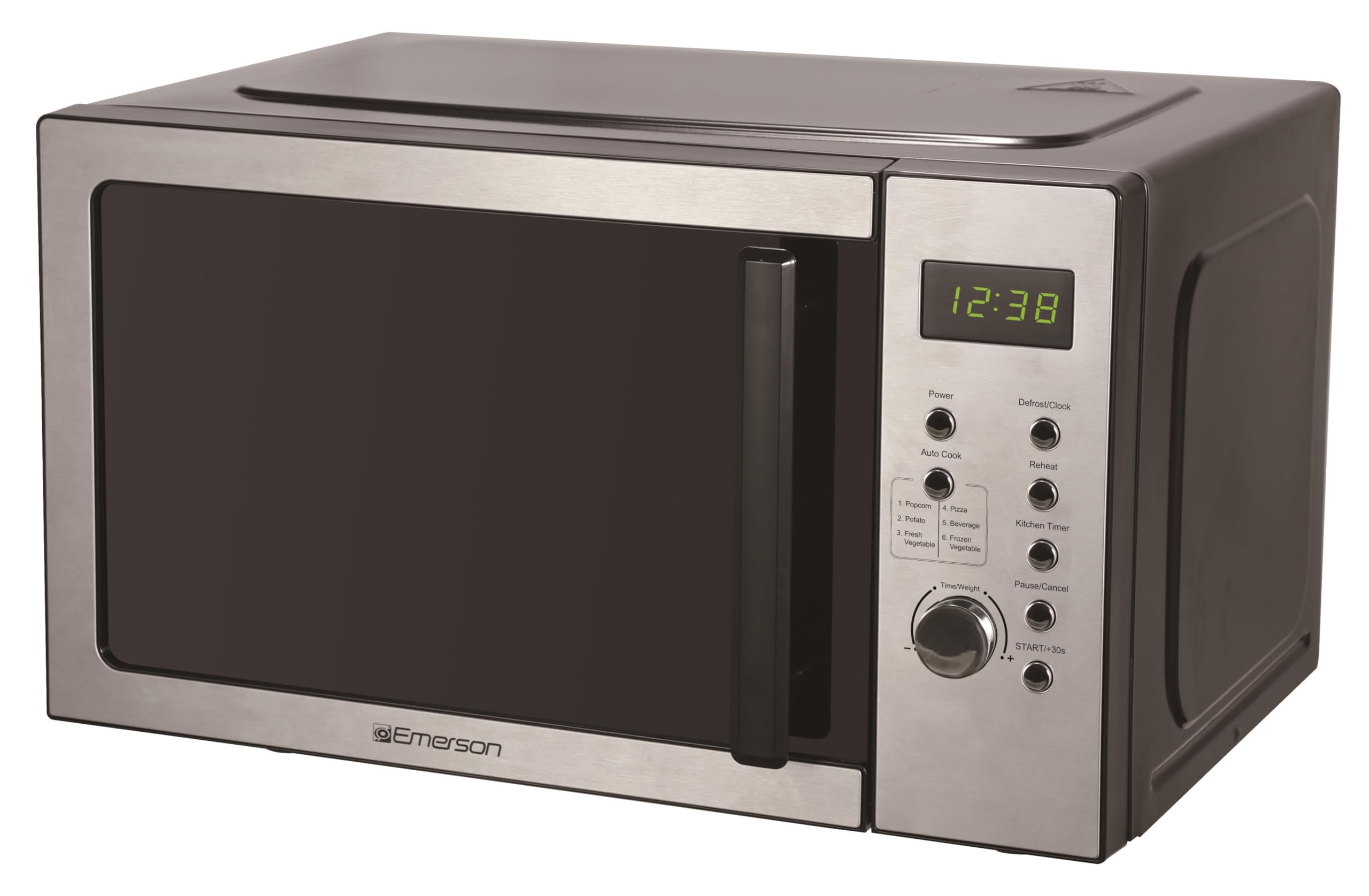 Emerson MW9005SS Compact Countertop Microwave Oven with Button Control, LED Display, 900W 5 Power Levels, 6 Auto Menus, Glass Tu