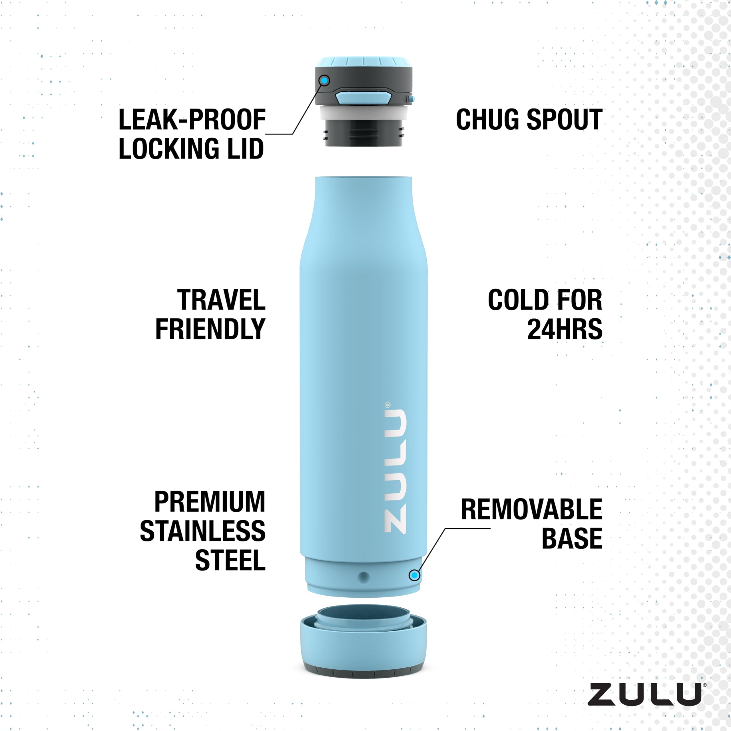 ZULU Ace Vacuum Insulated Stainless Steel Water Bottle with Leak-Proof Locking Lid and Removable Base  24oz Bottle