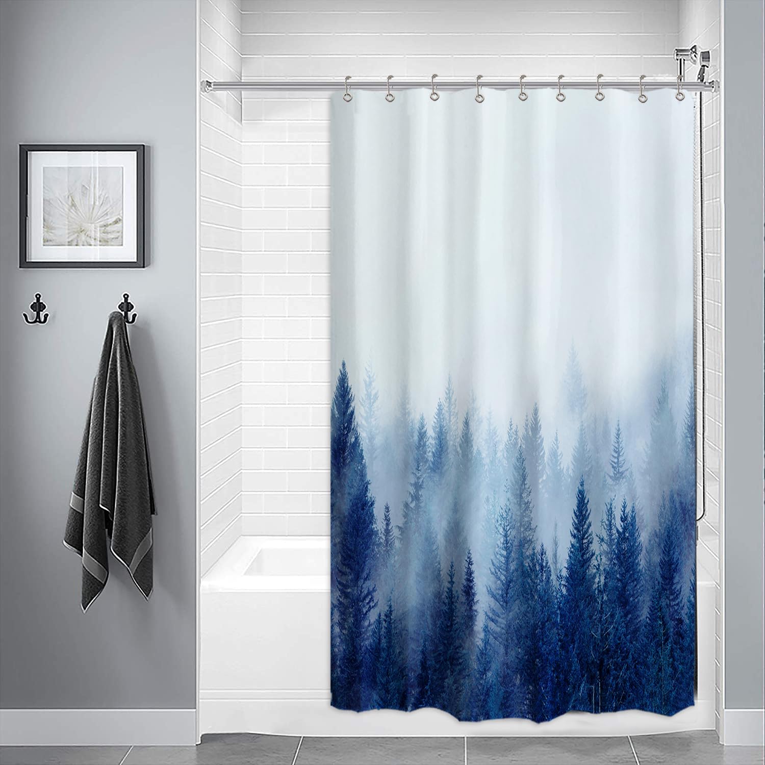 Ortigia Blue Misty Forest Shower Curtains,Nature And Woodland Shower Curtain,Fantasy Fog Magic Winter Tree Bath Curtain For Bath