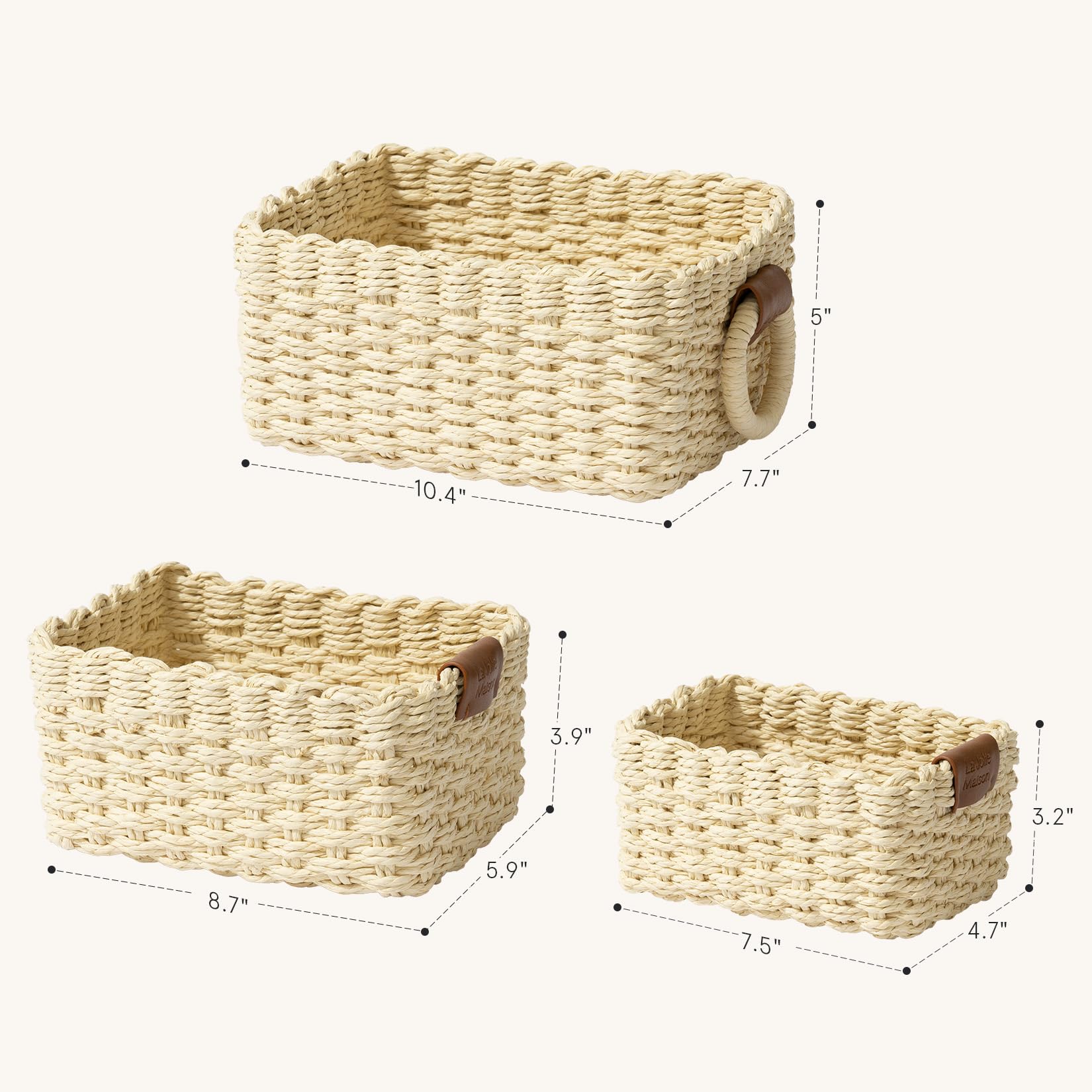 La Jolie Maison Small Beige Wicker Baskets Set Of 3, Paper Rope Storage Baskets With Handle, Small Woven Baskets For Organizing,