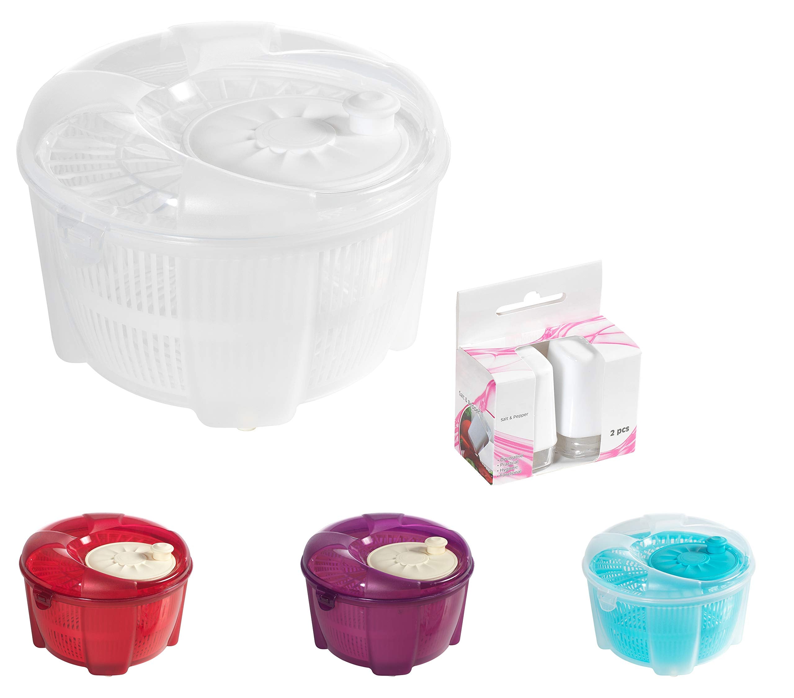 Mabel Home Salad Spinner, Salad Tosser And Mixer, 5,5 Quart, Vegetable Spinner -Extra Salt&Pepper Shaker Inc. (White)