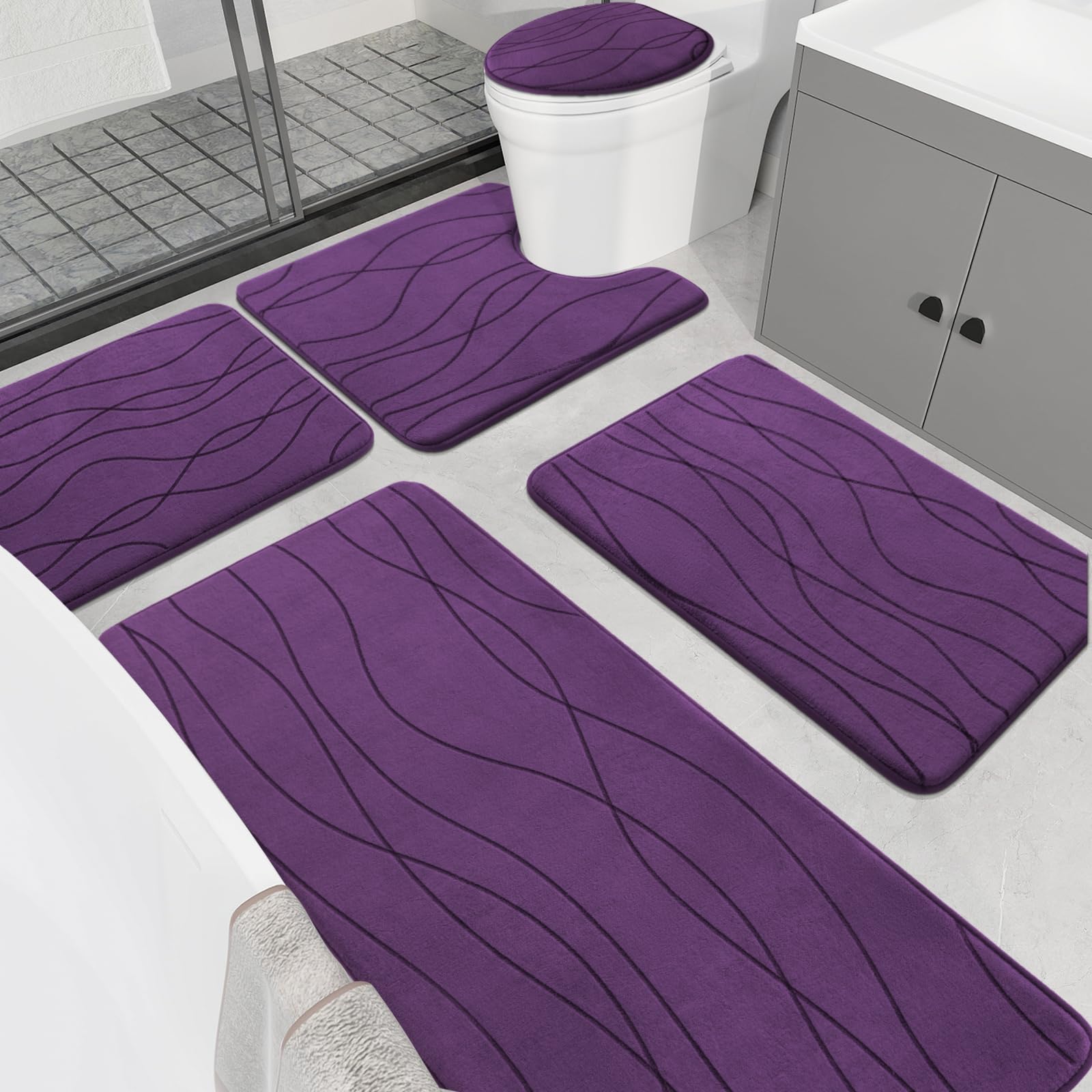 Yihouse Memory Foam Purple Bathroom Rug Sets 5 Piece, Ultra Absorbent Bath Mat For Bathroom - Non-Slip Machine Washable & Dry Qu